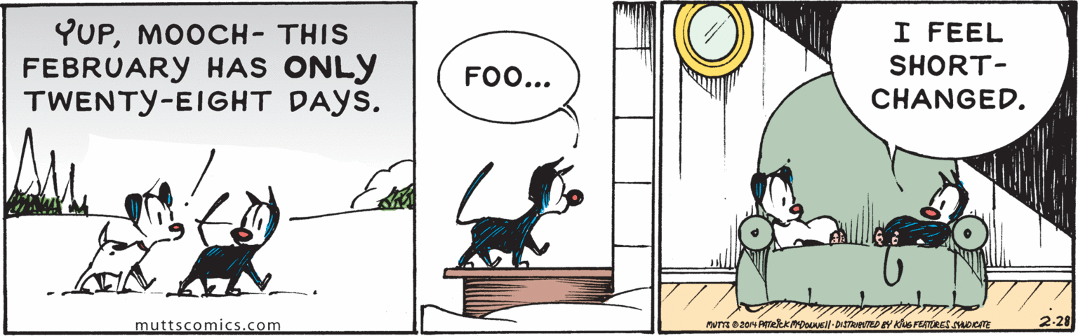 Font OCR: I FEEL YUPMOOCH- THIS FEBRUARY HAS ONLY TWENTY-EIGHT DAYS. SHORT- FOO.. CHANGED. muttscomics.com Mu e2014 PATeKDOVEll- DISTUED EY Kus FEATURES suoRE 2-28 I FEEL YUPMOOCH- THIS FEBRUARY HAS ONLY TWENTY-EIGHT DAYS. SHORT- FOO.. CHANGED. muttscomics.com Mu e2014 PATeKDOVEll- DISTUED EY Kus FEATURES suoRE 2-28