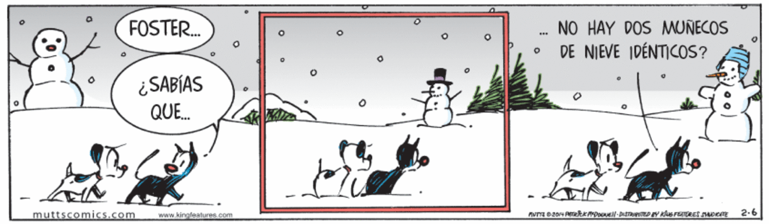 Illustration OCR: FOSTER. NO HAY DOS MUÑECOS DE NIEVE IDÉNTICOS? ¿SABÍAS QUE. muttscomics.com www.kinglaalures com 2-6 FOSTER. NO HAY DOS MUÑECOS DE NIEVE IDÉNTICOS? ¿SABÍAS QUE. muttscomics.com www.kinglaalures com 2-6