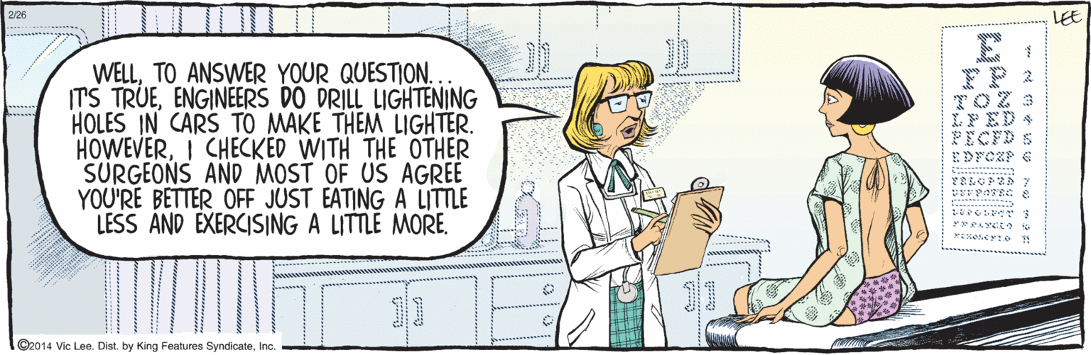 Mammal OCR: ©2014 Vic Lee. Dist. by King Features SyndicateInc. WELLTO ANSWER YOUR QUESTION... ITS TRUEENGINEERS DO DRILL LIGHTENING HOLES IN CARS TO MAKE THEM LIGHTER. HOWEVERI CHECKED WITH THE OTHER SURGEONS AND MOST OF US AGREE YOU'RE BETTER OFF JUST EATING A LITTLE LESS ÁND ÉXERCISING A LITTLE MORE. ? 2/26 LEE -...... ©2014 Vic Lee. Dist. by King Features SyndicateInc. WELLTO ANSWER YOUR QUESTION... ITS TRUEENGINEERS DO DRILL LIGHTENING HOLES IN CARS TO MAKE THEM LIGHTER. HOWEVERI CHECKED WITH THE OTHER SURGEONS AND MOST OF US AGREE YOU'RE BETTER OFF JUST EATING A LITTLE LESS ÁND ÉXERCISING A LITTLE MORE. ? 2/26 LEE -......