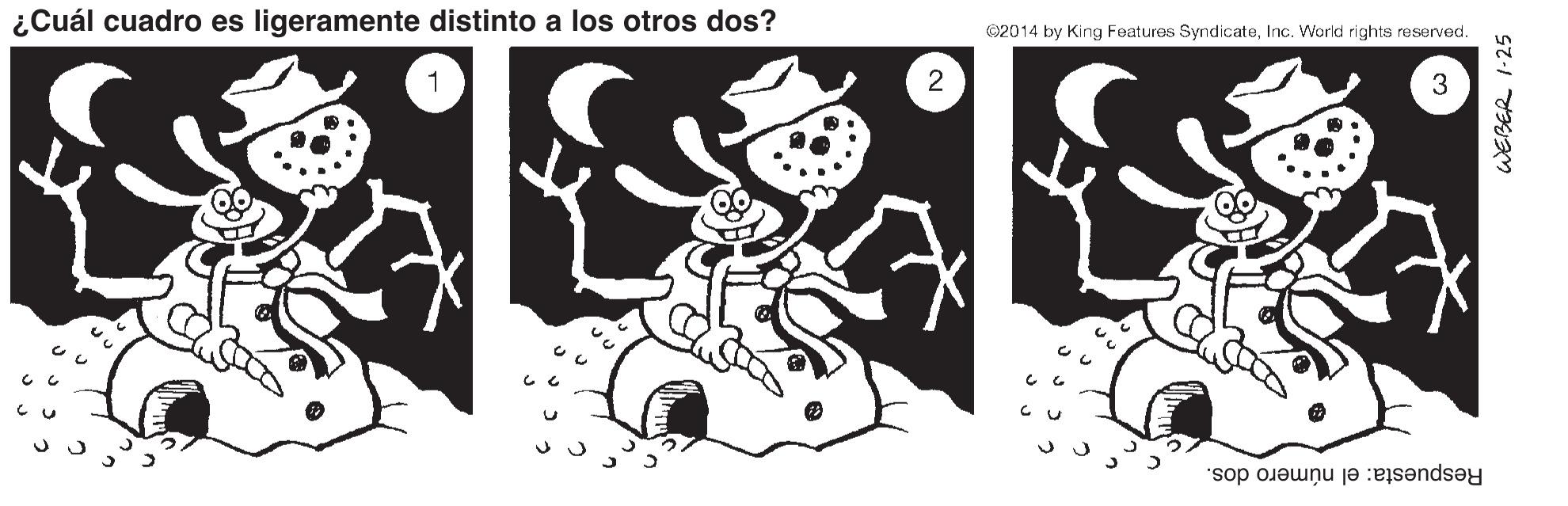 Black-and-white OCR: ¿Cuál cuadro es ligeramente distinto a los otros dos? 2014 by King Features SyndicateInc. World rights reserved. 2 Respuesta: el número dos. WEBER I-25 ¿Cuál cuadro es ligeramente distinto a los otros dos? 2014 by King Features SyndicateInc. World rights reserved. 2 Respuesta: el número dos. WEBER I-25