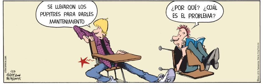 Illustration OCR: SE LLEVARON LOS ¿POR QUÉ? ¿CUÁL ES EL PROBLEMA? PUPITRES PARA DARLES MANTENIMIENTO zitncomics.com SE LLEVARON LOS ¿POR QUÉ? ¿CUÁL ES EL PROBLEMA? PUPITRES PARA DARLES MANTENIMIENTO zitncomics.com