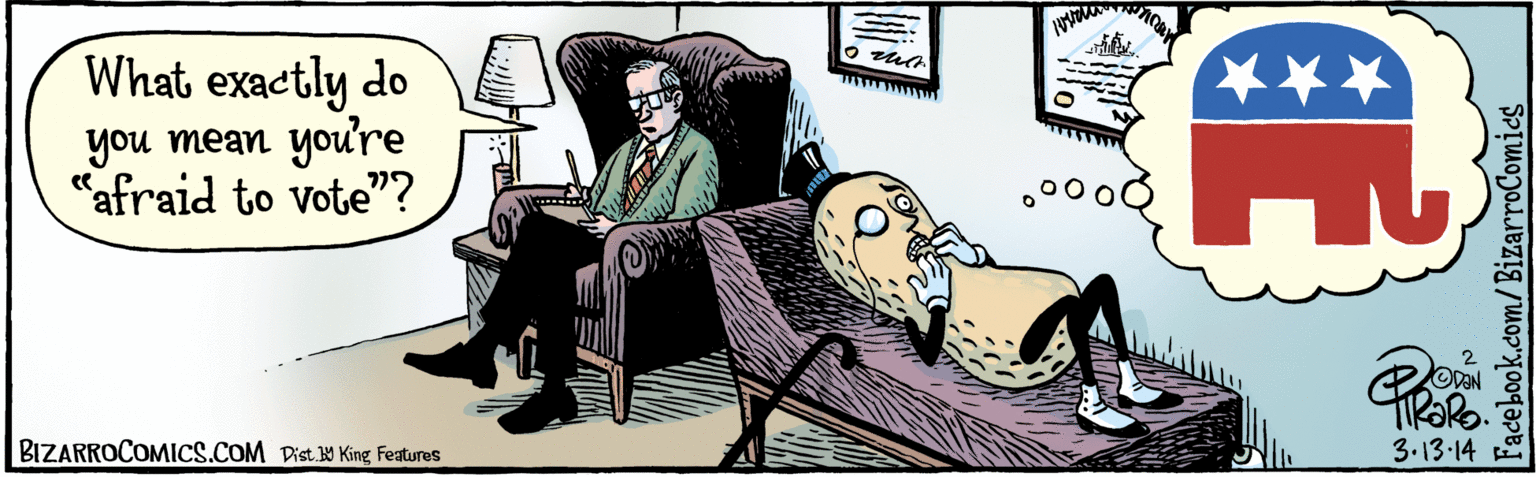 Drawing OCR: TIRARO 3-13.14 What exactly do you mean youre "afraid to vote"? ??? BIZARROCOMICS.COM Dist Y King Features Facebook.com/BizarroComics TIRARO 3-13.14 What exactly do you mean youre "afraid to vote"? ??? BIZARROCOMICS.COM Dist Y King Features Facebook.com/BizarroComics