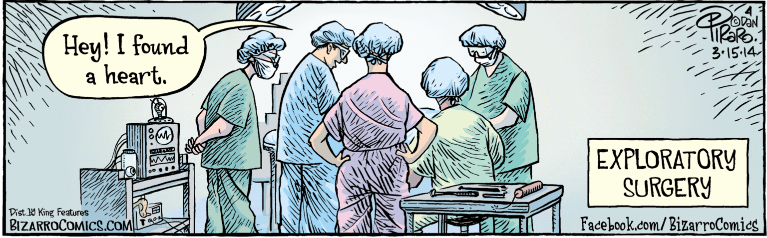 Illustration OCR: BIZARROCOMICS.COM Facebook.com/BizarroComies Dist Y King Feaures Hey! I found a heart. Fikako. EXPLORATORY SURGERY 3.15.14 BIZARROCOMICS.COM Facebook.com/BizarroComies Dist Y King Feaures Hey! I found a heart. Fikako. EXPLORATORY SURGERY 3.15.14