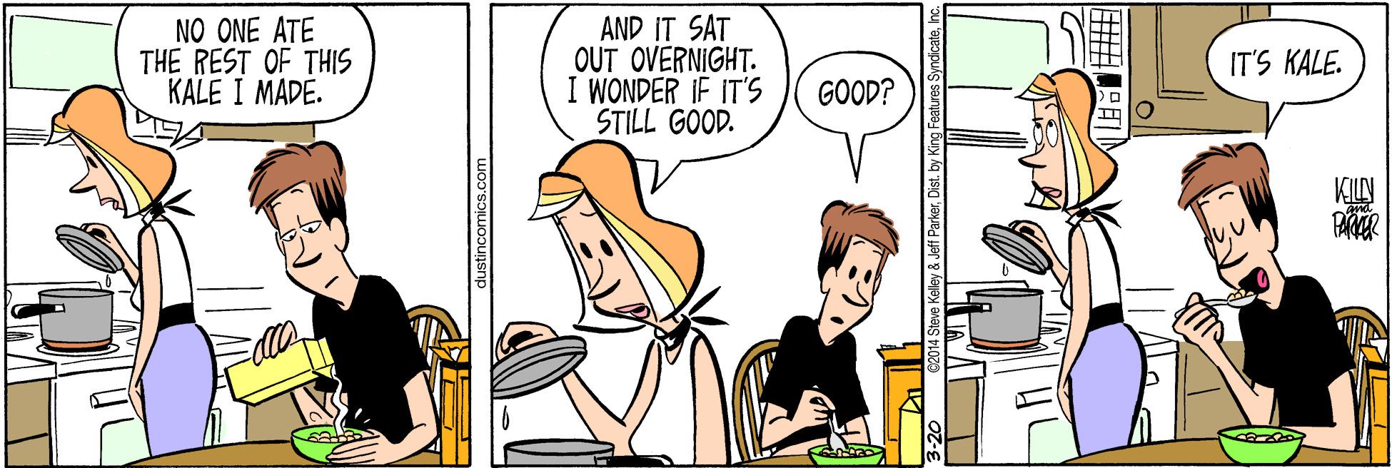 Animated cartoon OCR: NO ONE ATE THE REST OF THIS KALE I MADE. AND IT SAT OUT OVERNIGHT. I WONDER IF IT'S STILL GOOD. IT'S KALE. GOOD? Jeff ParkerInc. NO ONE ATE THE REST OF THIS KALE I MADE. AND IT SAT OUT OVERNIGHT. I WONDER IF IT'S STILL GOOD. IT'S KALE. GOOD? Jeff ParkerDist. by King Features Syndicate