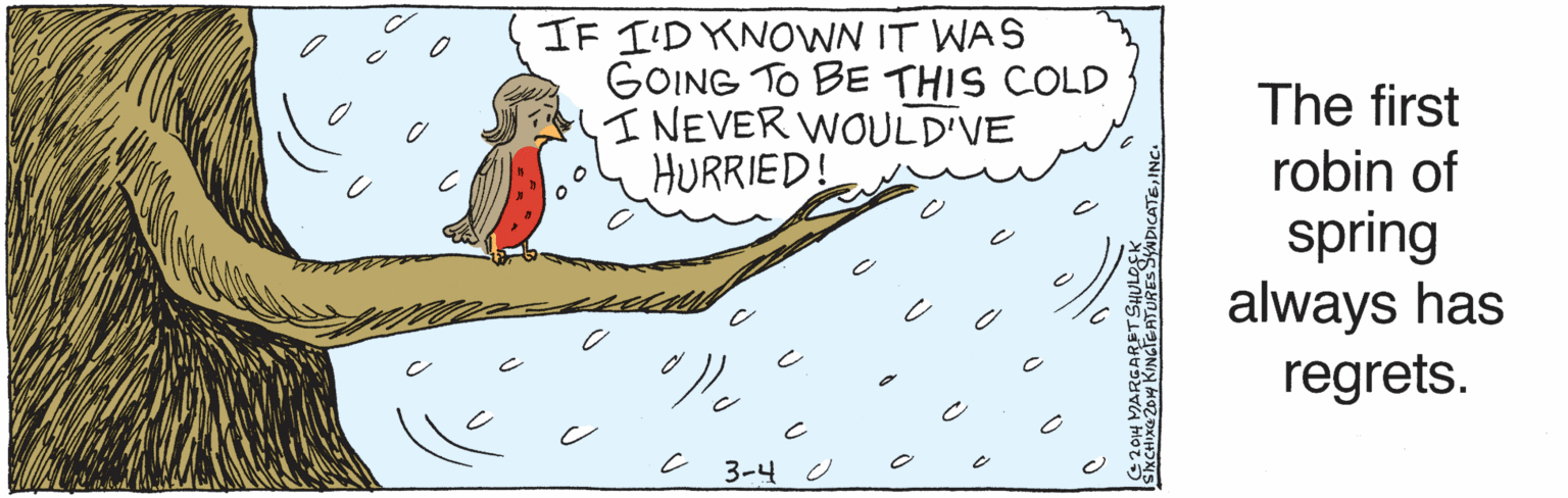Organism OCR: IF ID KNOWN IT WAS GOING TO BE THIS COLD I NEVER WOULD'VE HURRIED! ? 3-4 ©2014 Margaret Shulock The first robin of spring always has regrets. six CHIX ©2014 King Features SyndicateInc. IF ID KNOWN IT WAS GOING TO BE THIS COLD I NEVER WOULD'VE HURRIED! ? 3-4 ©2014 Margaret Shulock The first robin of spring always has regrets. six CHIX ©2014 King Features Syndicate