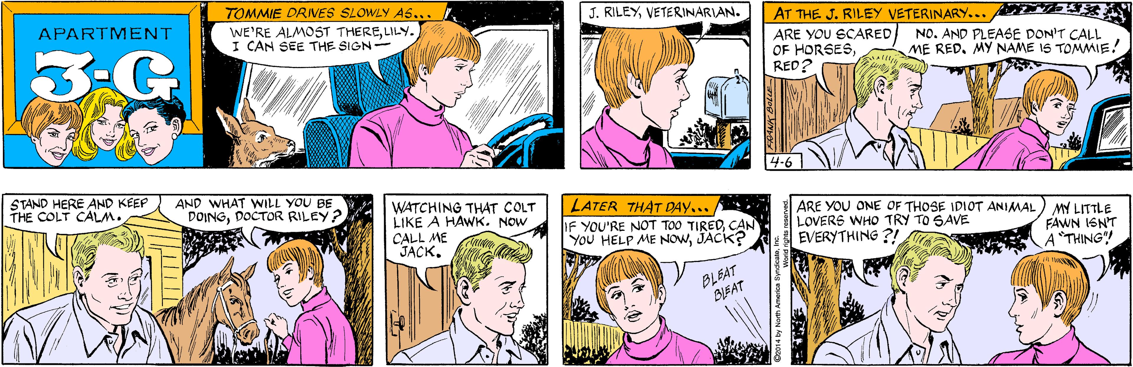 Human OCR: TOMMIE DRIVES SLOWLY AS... J. RILEYVETERINARIAN. APARTMENT WE'RE ALMOST THERELILY. I CAN SEE THE SIGN- 3-G AT THE J. RILEY VETERINARY... STAND HERE AND KEEP THE COLT CALM. AND WHAT WILL YOU BE DOINGDOCTOR RILEY? ARE YOU SCAREDRED? NO. AND PLEASE DON'T CALL ME RED. MY NAME IS TOMMIE! 4-6 WATCHING THAT COLT LIKE A HAWK. NOW CALL ME JACK. LATER THAT DAY... IF YOU'RE NOT TOO TIREDCAN YoU HELP ME NOWJACK? ARE YOU ONE OF THOSE IDIOT ANIMAL LOVERS WHO TRY TO SAVE EVERYTHING ?! MY LITTLE FAWN ISNT A "THING"! BLEAT BLEAT 92014 by North America SyndicaleIne TOMMIE DRIVES SLOWLY AS... J. RILEYVETERINARIAN. APARTMENT WE'RE ALMOST THERELILY. I CAN SEE THE SIGN- 3-G AT THE J. RILEY VETERINARY... STAND HERE AND KEEP THE COLT CALM. AND WHAT WILL YOU BE DOINGDOCTOR RILEY? ARE YOU SCAREDOF HORSESRED? NO. AND PLEASE DON'T CALL ME RED. MY NAME IS TOMMIE! 4-6 WATCHING THAT COLT LIKE A HAWK. NOW CALL ME JACK. LATER THAT DAY... IF YOU'RE NOT TOO TIREDCAN YoU HELP ME NOWJACK? ARE YOU ONE OF THOSE IDIOT ANIMAL LOVERS WHO TRY TO SAVE EVERYTHING ?! MY LITTLE FAWN ISNT A "THING"! BLEAT BLEAT 92014 by North America Syndicale