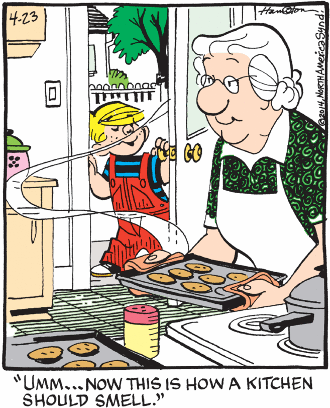 Illustration OCR: 4-23 "UMM... NOW THIS IS HOWA KITCHEN SHOULD SMELL." mercaSund 4-23 "UMM... NOW THIS IS HOWA KITCHEN SHOULD SMELL." mercaSund