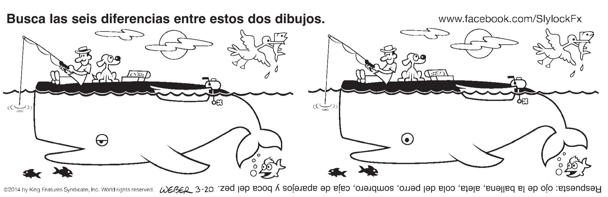 Cartoon OCR: Busca las seis diferencias entre estos dos dibujos. www.facebook.com/SlylockFx Respuesta: ojo de la ballenacaja de aparejos y boca del pez. O7 anasou SBu puom ou ap sare z3 Busca las seis diferencias entre estos dos dibujos. www.facebook.com/SlylockFx Respuesta: ojo de la ballenacola del perrocaja de aparejos y boca del pez. O7 anasou SBu puom ou ap sare z3