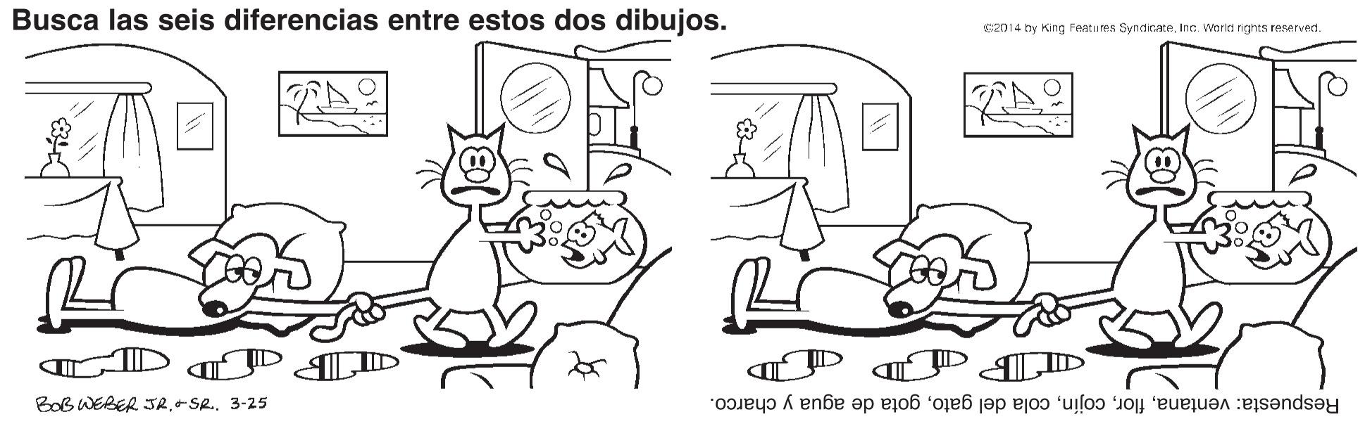 Jaw OCR: Busca las seis diferencias entre estos dos dibujos. 62014 by King Features SyndicateInc. World nghts reserved. ID TID BoB WEBER JR.+SR. 3-25 Respuesta: ventanagota de agua y charco. Busca las seis diferencias entre estos dos dibujos. 62014 by King Features SyndicateInc. World nghts reserved. ID TID BoB WEBER JR.+SR. 3-25 Respuesta: ventanacola del gatogota de agua y charco.