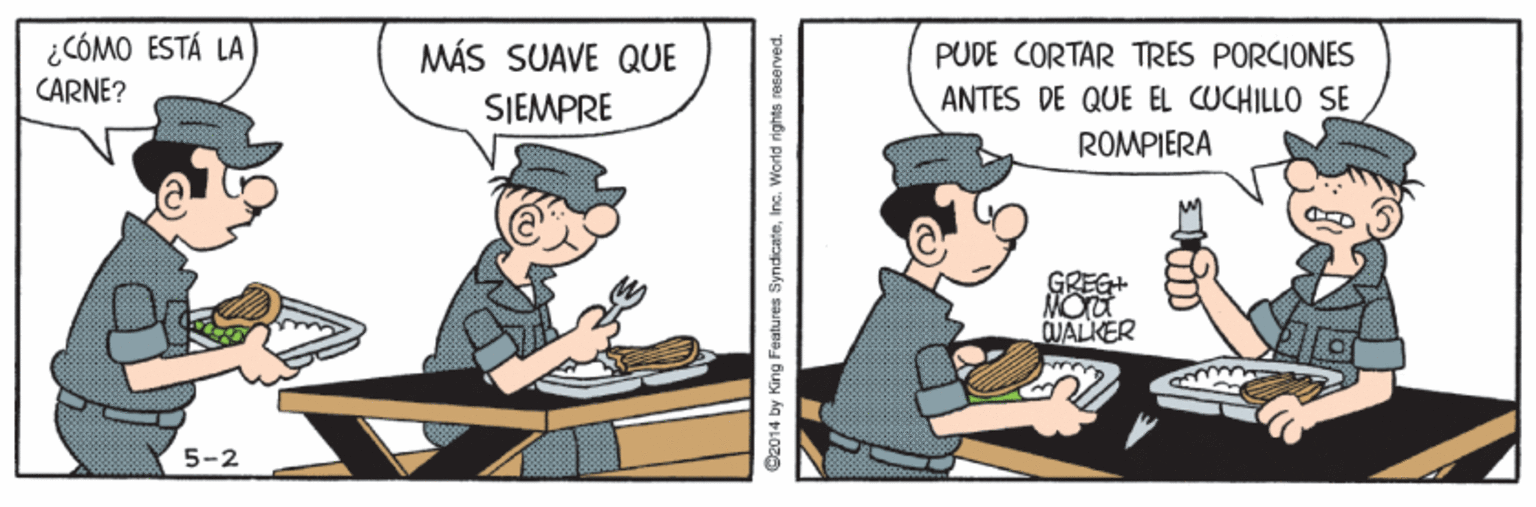 Animated cartoon OCR: ¿CÓMO ESTÁ LA CARNE? MÁS SUAVE QUE PUDE CORTAR TRES PORCIONES SIEMPRE ANTES DE QUE EL CUCHILLO SE ROMPIERA GREG+ CUALKER 5-2 ¿CÓMO ESTÁ LA CARNE? MÁS SUAVE QUE PUDE CORTAR TRES PORCIONES SIEMPRE ANTES DE QUE EL CUCHILLO SE ROMPIERA GREG+ CUALKER 5-2