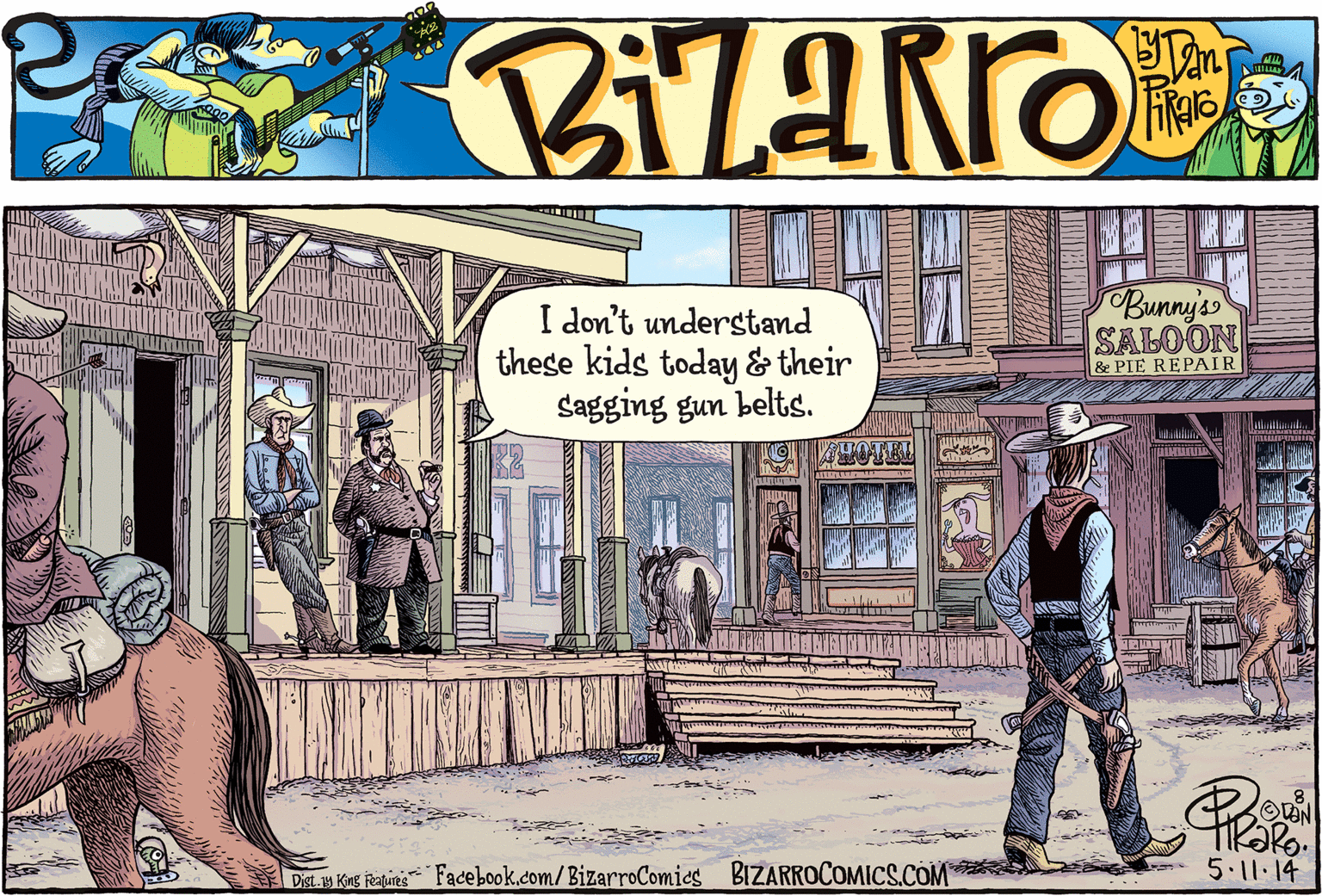 Conversation OCR: Bunny's SALOON I don't understand these kids today & their Sagging gun belts. & PIE REPAIR HOTEL Dist. Kue iRatures Facebook.com/BizarroComics BIZARROCOMICS.COM 5.11.14 Bunny's SALOON I don't understand these kids today & their Sagging gun belts. & PIE REPAIR HOTEL Dist. Kue iRatures Facebook.com/BizarroComics BIZARROCOMICS.COM 5.11.14