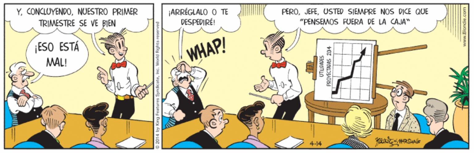 Conversation OCR: YNUESTRO PRIMER ARRÉGLÁLÓ O TE DESPEDIRÉ! PEROUSTED SIEMPRE NOS DICE QUE TRIMESTRE SE VE BIEN "PENSEMOS FUERA DE LA CAJA" ¡ESO ESTÁ WHAP! MAL! 4-14 YNUESTRO PRIMER ARRÉGLÁLÓ O TE DESPEDIRÉ! PEROUSTED SIEMPRE NOS DICE QUE TRIMESTRE SE VE BIEN "PENSEMOS FUERA DE LA CAJA" ¡ESO ESTÁ WHAP! MAL! 4-14