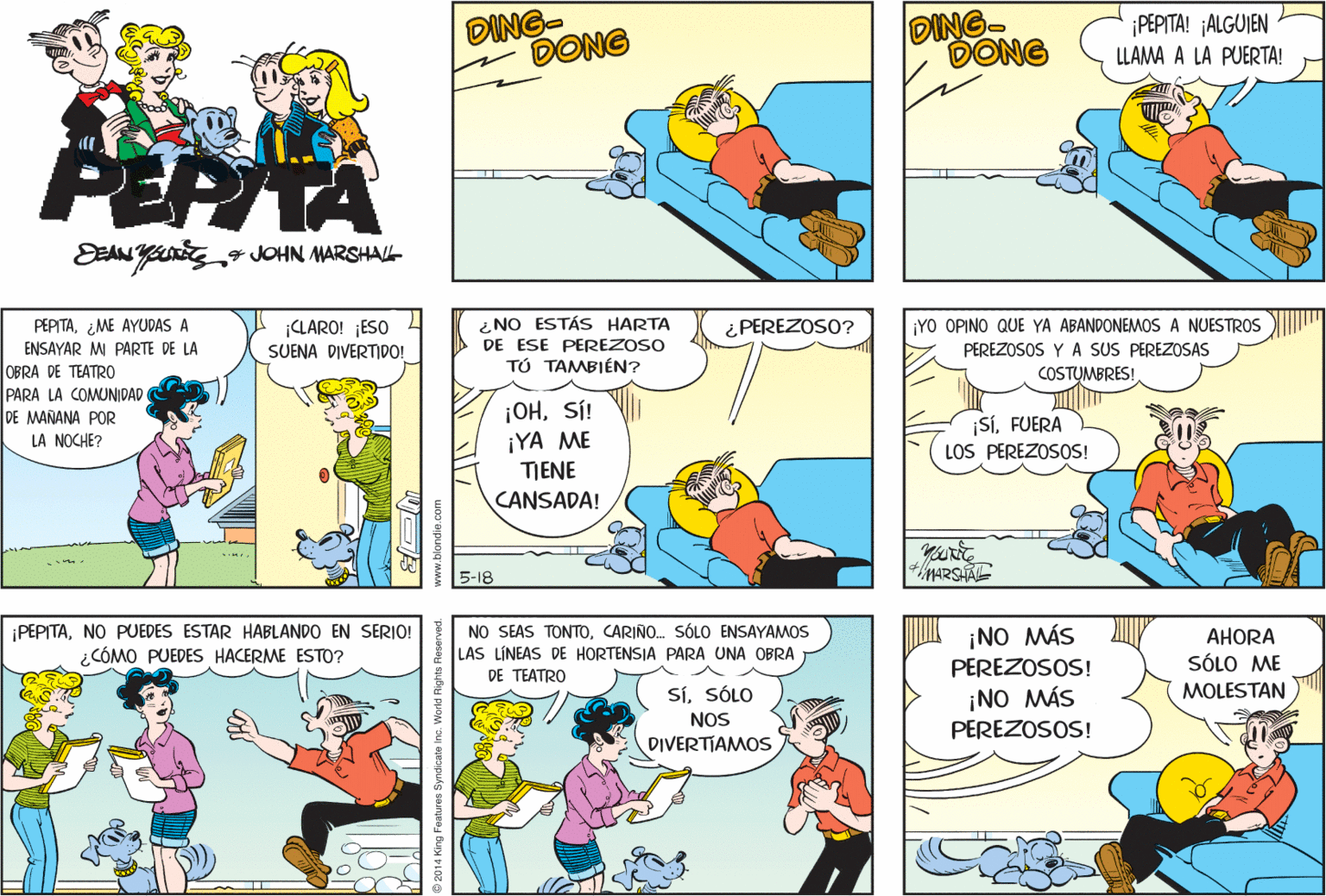 Font OCR: DING- DONG DING- DONG ¡PEPITA! ¡ALGUIEN LLAMA A LA PUERTA! PEPTA NY JOHN MARSHAL i NO ESTÁS HARTA DE ESE PEREZOSO TÚ TAMBIÉN? ¿ PEREZOSO? ¡YO OPINO QUE YA ABANDONEMOS A NUESTROS PEREZOSOS Y A SUS PEREZOSAS PEPITA¿ME AYUDAS A ¡LARO! ¡ESO SUENA DIVERTIDO! ENSAYAR M PARTE DE LA OBRA DE TEATRO PARA LA COMUNIDAD DE MANANA POR LA NOCHE? COSTUMBRES! ¡OHSÍ! ¡YA ME TIENE ¡SíFUERA LOS PEREZOSOS! CANSADA! 5-18 MARSA PEPITANO PUEDES ESTAR HABLANDO EN SERIO! ¿CÓMO PUEDES HACERME ESTO? NO SEAS TONTOCARIÑO. SÓLO ENSAYAMOS LAS LÍNEAS DE HORTENSIA PARA UNA OBRA DE TEATRO ¡NO MÁS AHORA PEREZOSOS! SÓLO ME SíSÓLO MOLESTAN ¡NO MÁS PEREZOSOS! NOS DIVERTIAMOS DING- DONG DING- DONG ¡PEPITA! ¡ALGUIEN LLAMA A LA PUERTA! PEPTA NY JOHN MARSHAL i NO ESTÁS HARTA DE ESE PEREZOSO TÚ TAMBIÉN? ¿ PEREZOSO? ¡YO OPINO QUE YA ABANDONEMOS A NUESTROS PEREZOSOS Y A SUS PEREZOSAS PEPITA¿ME AYUDAS A ¡LARO! ¡ESO SUENA DIVERTIDO! ENSAYAR M PARTE DE LA OBRA DE TEATRO PARA LA COMUNIDAD DE MANANA POR LA NOCHE? COSTUMBRES! ¡OHSÍ! ¡YA ME TIENE ¡SíFUERA LOS PEREZOSOS! CANSADA! 5-18 MARSA PEPITANO PUEDES ESTAR HABLANDO EN SERIO! ¿CÓMO PUEDES HACERME ESTO? NO SEAS TONTOCARIÑO. SÓLO ENSAYAMOS LAS LÍNEAS DE HORTENSIA PARA UNA OBRA DE TEATRO ¡NO MÁS AHORA PEREZOSOS! SÓLO ME SíSÓLO MOLESTAN ¡NO MÁS PEREZOSOS! NOS DIVERTIAMOS