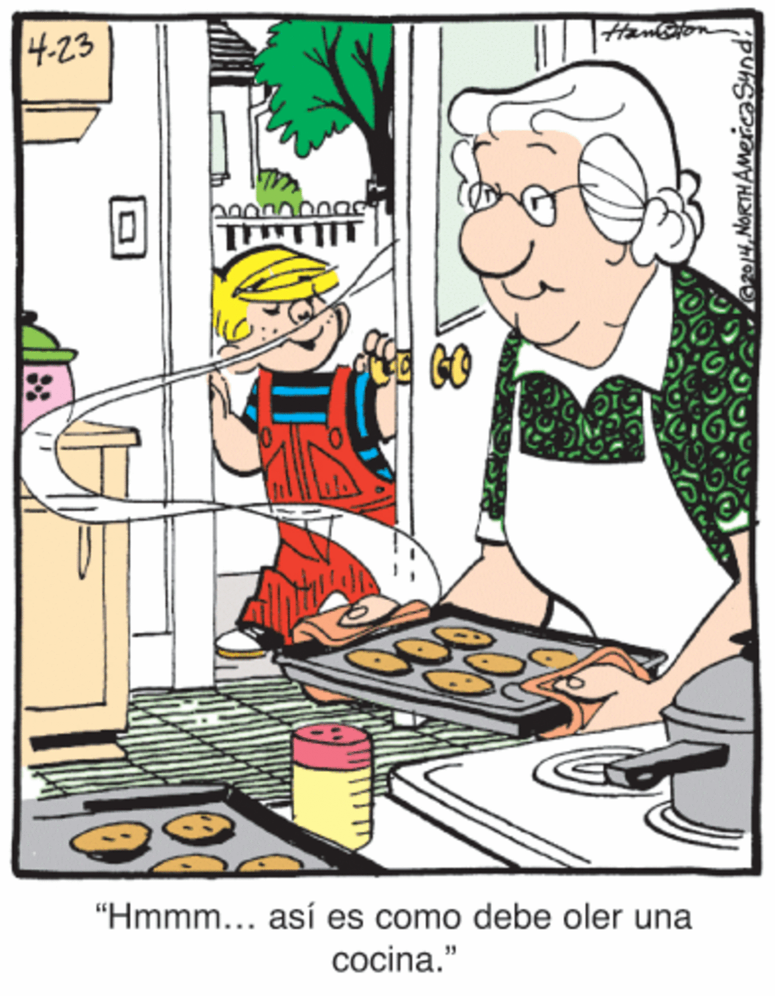 Fictional character OCR: 4-23 "Hmmm... así es como debe oler una cocina." 4-23 "Hmmm... así es como debe oler una cocina."