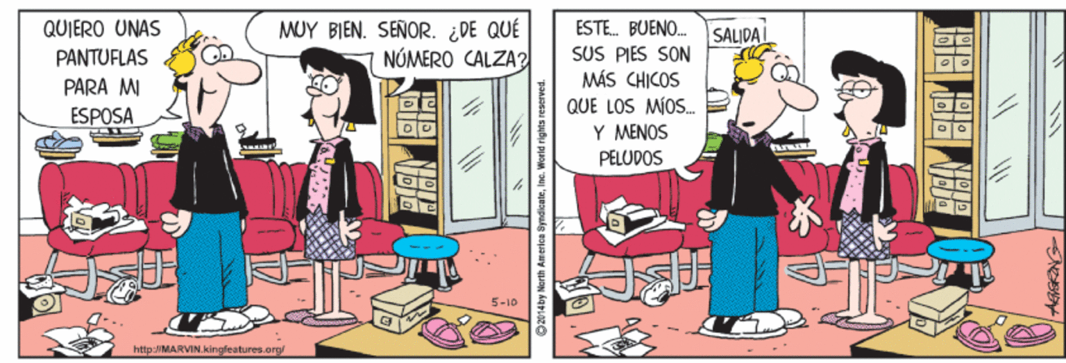 Illustration OCR: MUY BIÊN. SEÑOR. ¿DE QUÉ NÓMERO CALZA? QUIERO UNAS ESTE. BUENO. SUS PIES SON MÁS CHICOS QUE LOS MÍOS. Y MENOS PELUDOS SALIDA PANTUFLAS PARA MI ESPOSA 5-10 http://MARVIN.kingfeatures.org O2014by North America SyndicateInc. World rights re MUY BIÊN. SEÑOR. ¿DE QUÉ NÓMERO CALZA? QUIERO UNAS ESTE. BUENO. SUS PIES SON MÁS CHICOS QUE LOS MÍOS. Y MENOS PELUDOS SALIDA PANTUFLAS PARA MI ESPOSA 5-10 http://MARVIN.kingfeatures.org O2014by North America SyndicateInc. World rights re