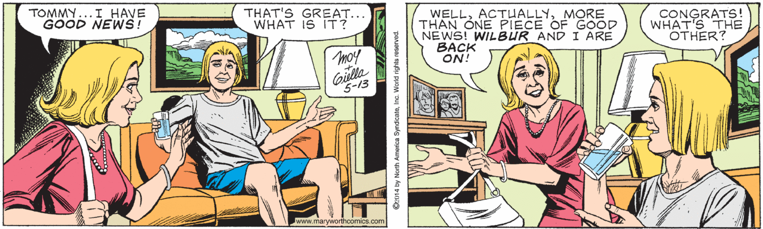 Conversation OCR: TOMMY...I HAVE GOOD NEWS! THAT'S GREAT... WHAT IS IT? WELLMOREE THAN ONE PIECE OF GOOD NEWS! WILBUR AND I ARE BACK ON! CONGRATS! WHAT'S THE OTHER? Giella 5-13 www.maryworthoomics.com O014 by North Amorica SyndicateInc. World rights reserved TOMMY...I HAVE GOOD NEWS! THAT'S GREAT... WHAT IS IT? WELLMOREE THAN ONE PIECE OF GOOD NEWS! WILBUR AND I ARE BACK ON! CONGRATS! WHAT'S THE OTHER? Giella 5-13 www.maryworthoomics.com O014 by North Amorica SyndicateInc. World rights reserved