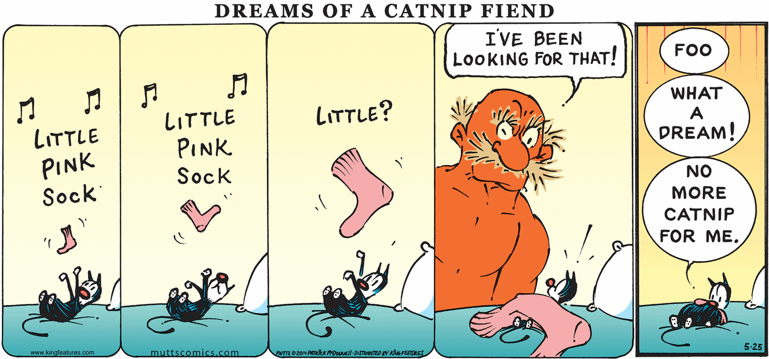 Art OCR: DREAMS OF A CATNIP FIEND I'VE BEEN LOOKING FOR THAT! FOO WHAT LITTLE LITTLE? A LITTLE PINK Sock PINK DREAM! Sock NO MORE CATNIP FOR ME. www.kingfeatures.com muttscomics.com 5-25 DREAMS OF A CATNIP FIEND I'VE BEEN LOOKING FOR THAT! FOO WHAT LITTLE LITTLE? A LITTLE PINK Sock PINK DREAM! Sock NO MORE CATNIP FOR ME. www.kingfeatures.com muttscomics.com 5-25