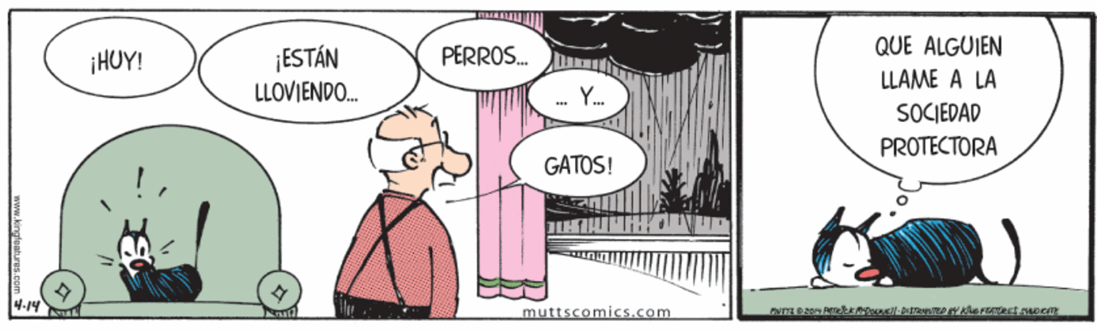 Art OCR: QUE ALGUIEN ¡ESTÁN LLOVIENDO. ¡HUY! PERROS. LLAME A LA Y. SOCIEDAD PROTECTORA GATOS! 4.14 nat muttscomics.com QUE ALGUIEN ¡ESTÁN LLOVIENDO. ¡HUY! PERROS. LLAME A LA Y. SOCIEDAD PROTECTORA GATOS! 4.14 nat muttscomics.com