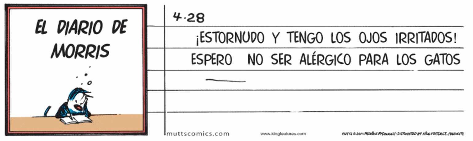 Pattern OCR: 4.28 EL DIARIO DE MORRIS ¡ESTORNUDO Y TENGO LOS OJOS IRRITADOS! ESPERO NO SER ALÉRGICO PARA LOS GATOS Imuttscomics.com www.kingteaturas.com 4.28 EL DIARIO DE MORRIS ¡ESTORNUDO Y TENGO LOS OJOS IRRITADOS! ESPERO NO SER ALÉRGICO PARA LOS GATOS Imuttscomics.com www.kingteaturas.com