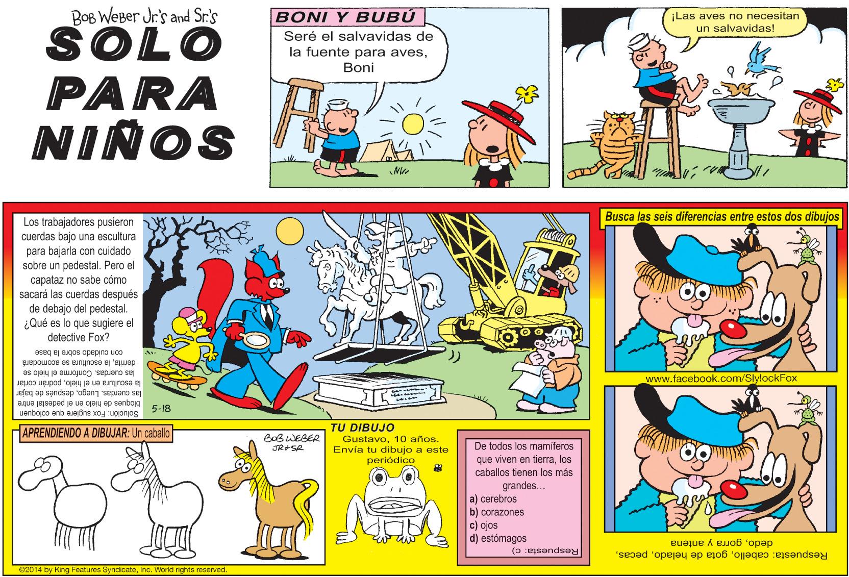 Comic book OCR: BOB WeBer Jr's and Sr.'s SOLO PARA BONI Y BUBÚ ¡Las aves no necesitan un salvavidas! Seré el salvavidas de la fuente para avesBoni NIÑOS Busca las seis diferencias entre estos dos dibujos Los trabajadores pusieron cuerdas bajo una escultura para bajarla con cuidado sobre un pedestal. Pero el capataz no sabe cómo sacará las cuerdas después de debajo del pedestal. ¿Qué es lo que sugiere el detective Fox? con cuidado sobre la base derritala escultura se acomodará las cuerdas. Conforme el hielo se www.facebook.com/SlylockFox la escultura en el hielopodrán cortar las cuerdas. Luegodespués de bajar bloques de hielo en el pedestal entre 5-18 Solución: Fox sugiere que coloquen TU DIBUJO APRENDIENDO A DIBUJAR: Un caballo BoB WEBER JRSA Gustavo10 años. Envía tu dibujo a este periódico De todos los mamíferos que viven en tierralos caballos tienen los más grandes... a) cerebros b) corazones c) ojos d) estómagos dedogorra y antena Respuesta: cabello(0 :emsendse 2014 by King Features SyndicateInc. Worid rights reserved. BOB WeBer Jr's and Sr.'s SOLO PARA BONI Y BUBÚ ¡Las aves no necesitan un salvavidas! Seré el salvavidas de la fuente para avesBoni NIÑOS Busca las seis diferencias entre estos dos dibujos Los trabajadores pusieron cuerdas bajo una escultura para bajarla con cuidado sobre un pedestal. Pero el capataz no sabe cómo sacará las cuerdas después de debajo del pedestal. ¿Qué es lo que sugiere el detective Fox? con cuidado sobre la base derritala escultura se acomodará las cuerdas. Conforme el hielo se www.facebook.com/SlylockFox la escultura en el hielopodrán cortar las cuerdas. Luegodespués de bajar bloques de hielo en el pedestal entre 5-18 Solución: Fox sugiere que coloquen TU DIBUJO APRENDIENDO A DIBUJAR: Un caballo BoB WEBER JRSA Gustavo10 años. Envía tu dibujo a este periódico De todos los mamíferos que viven en tierralos caballos tienen los más grandes... a) cerebros b) corazones c) ojos d) estómagos dedogorra y antena Respuesta: cabellogota de helado(0 :emsendse 2014 by King Features SyndicateInc. Worid rights reserved.