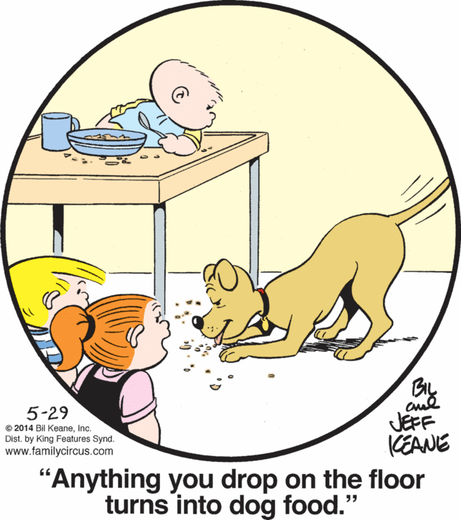 Line OCR: By JEFF KEANE 5-29 © 2014 Bil KeaneInc. Dist. by King Features Synd. www.familycircus.com "Anything you drop on the floor turns into dog food." By JEFF KEANE 5-29 © 2014 Bil KeaneInc. Dist. by King Features Synd. www.familycircus.com "Anything you drop on the floor turns into dog food."