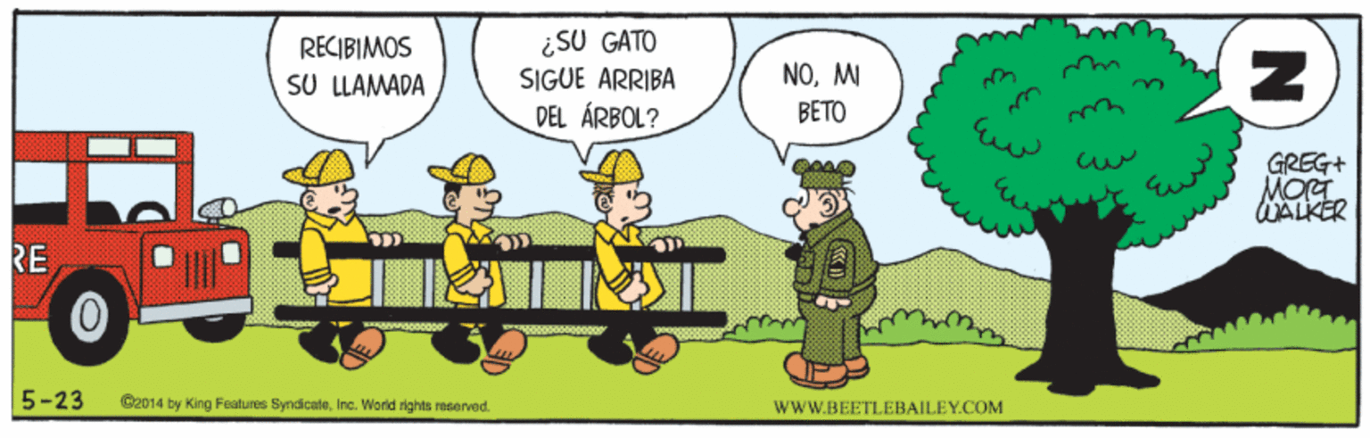 People OCR: ¿SU GATO SIGUE ARRIBA DEL ÁRBOL? RECIBIMOS SU LLAMADA NOMI BETO GREG+ MOG WALKER RE 5-23 O2014 by King Features SyndicateInc. World rights reserved. WWW.BEETLEBAILEY.COM ¿SU GATO SIGUE ARRIBA DEL ÁRBOL? RECIBIMOS SU LLAMADA NOMI BETO GREG+ MOG WALKER RE 5-23 O2014 by King Features SyndicateInc. World rights reserved. WWW.BEETLEBAILEY.COM
