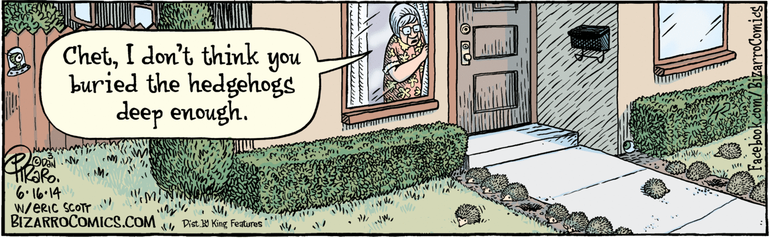 Sharing OCR: BIZARROCOMICS.COM Fadebook.com/BizarroComies Dist Y King Faures ChetI don't think you buried the hedgehogs deep enough. 6.16.14 NiVW/eRIc SCOTT BIZARROCOMICS.COM Fadebook.com/BizarroComies Dist Y King Faures ChetI don't think you buried the hedgehogs deep enough. 6.16.14 NiVW/eRIc SCOTT