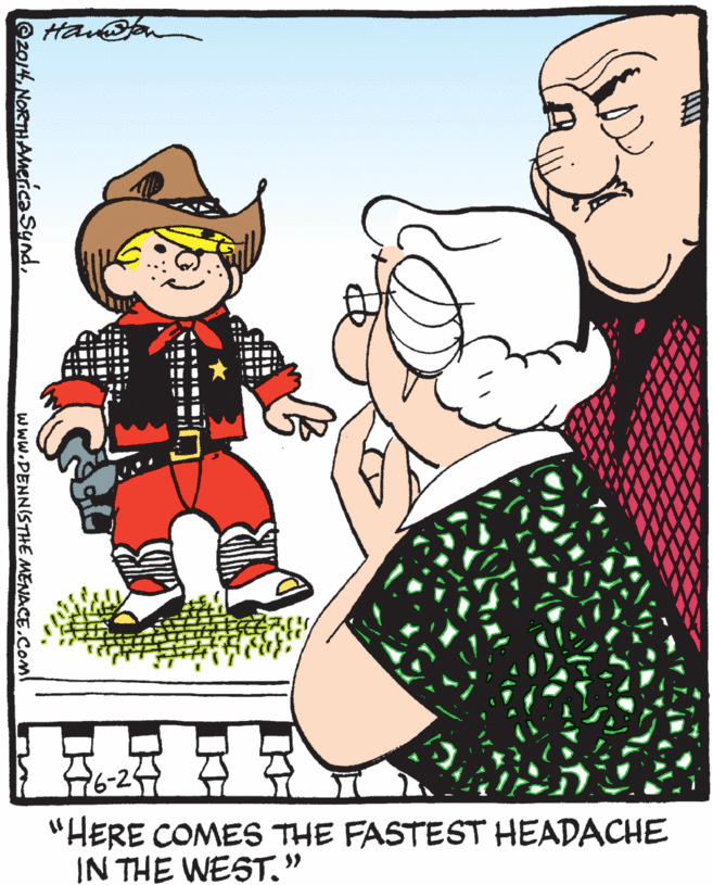 Costume hat OCR: "HERE COMES THE FASTEST HEADACHE IN THE WEST." >> @2014NoRTHAMeicasynd. www.DENNISTHE MENACE.Coml "HERE COMES THE FASTEST HEADACHE IN THE WEST." >> @2014NoRTHAMeicasynd. www.DENNISTHE MENACE.Coml