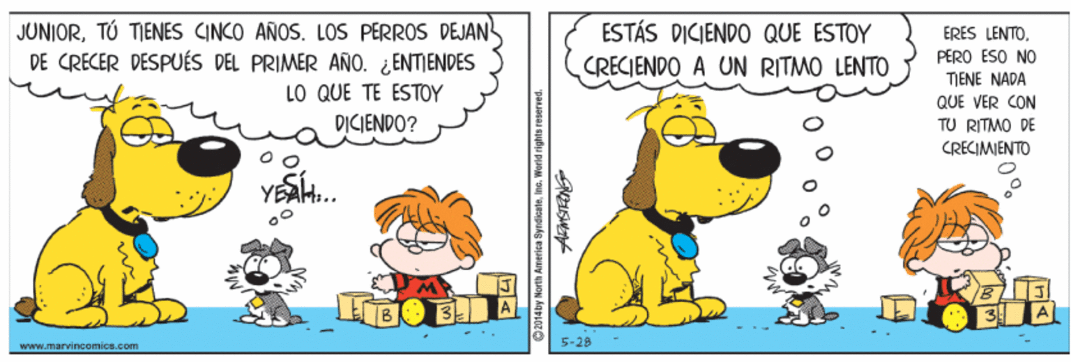 Rectangle OCR: JUNIORTÚ TIENES CINCO AÑOS. LOS PERROS DEJAN DE CRECER DESPUÉS DEL PRIMER AÑO. ¿ENTIENDES LO QUE TE ESTOY ESTÁS DICIENDO QUE ESTOY CRECIENDO A UN RITMO LENTO ERES LENTO. PERO ESO NO TIENE NADA QUE VER CON DICIENDO? TU RITMO DE CRECIMIENTO YEAH.. www.marvincomics.Com panjasai subu puDAM Du aLepukg Epauny uuON AqbLOZ O JUNIORTÚ TIENES CINCO AÑOS. LOS PERROS DEJAN DE CRECER DESPUÉS DEL PRIMER AÑO. ¿ENTIENDES LO QUE TE ESTOY ESTÁS DICIENDO QUE ESTOY CRECIENDO A UN RITMO LENTO ERES LENTO. PERO ESO NO TIENE NADA QUE VER CON DICIENDO? TU RITMO DE CRECIMIENTO YEAH.. www.marvincomics.Com panjasai subu puDAM Du aLepukg Epauny uuON AqbLOZ O