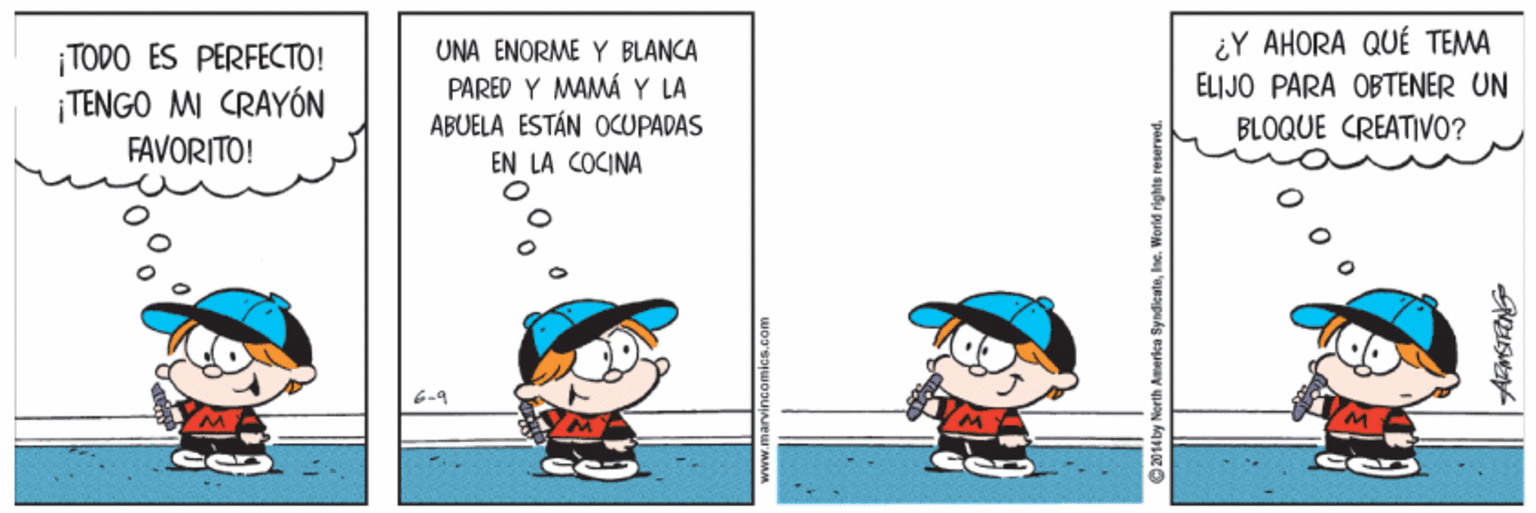 Illustration OCR: ¿Y AHORA QUÉ TEMA ÉLIJO PARÀ OBTENER UN ¡TODO ÉS PERFECTO! ¡TENGO MI CRAYÓN FAVORITO! UNA ENORME Y BLANCA PARED Y MAMÁ Y LA ABUELA ÉSTÁN OCUPADAS BLOQUE CREATIVO? EN LA COCINA ¿Y AHORA QUÉ TEMA ÉLIJO PARÀ OBTENER UN ¡TODO ÉS PERFECTO! ¡TENGO MI CRAYÓN FAVORITO! UNA ENORME Y BLANCA PARED Y MAMÁ Y LA ABUELA ÉSTÁN OCUPADAS BLOQUE CREATIVO? EN LA COCINA