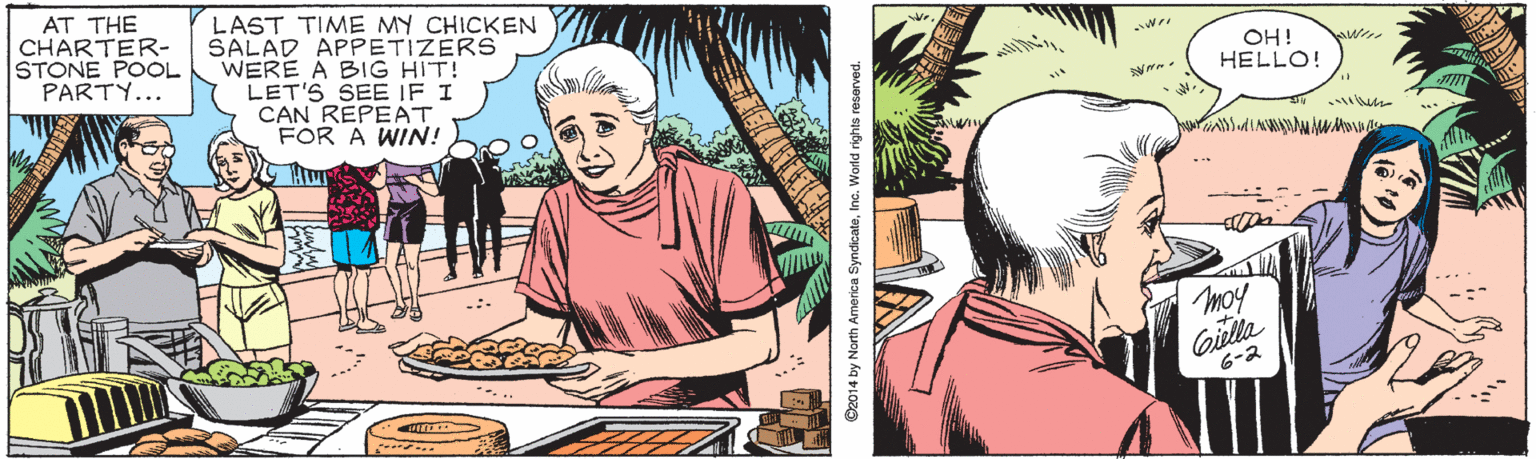 Illustration OCR: AT THE CHARTER- STONE POOL PARTY... LAST TIME MY CHICKEN SALAD APPETIZERS WERE A BIG HIT! LET'S SEE IF I CAN REPEAT FOR A WIN! OH! HELLO! Moy Gila 6-2 . .. O2014 by North Ar AT THE CHARTER- STONE POOL PARTY... LAST TIME MY CHICKEN SALAD APPETIZERS WERE A BIG HIT! LET'S SEE IF I CAN REPEAT FOR A WIN! OH! HELLO! Moy Gila 6-2 . .. O2014 by North Ar