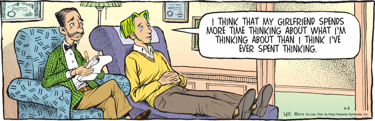 Font OCR: ©2014 Vic Lee. Dist. by King Features SyndicateInc. LEE 6-21 | THINK THAT MY GIRLFRIEND SPENDS MORE TIME THINKING ABOUT WHAT 'M THINKING ABOUT THAN I THINK I'VE EVER SPENT THINKING. ©2014 Vic Lee. Dist. by King Features SyndicateInc. LEE 6-21 | THINK THAT MY GIRLFRIEND SPENDS MORE TIME THINKING ABOUT WHAT 'M THINKING ABOUT THAN I THINK I'VE EVER SPENT THINKING.