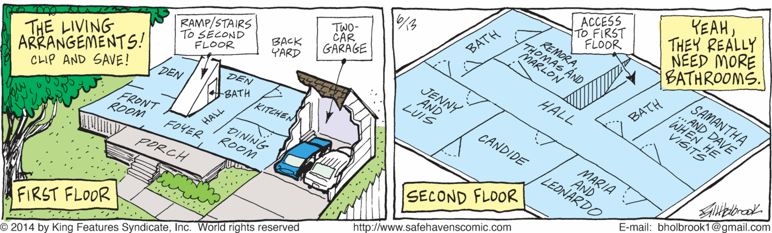 Plan OCR: YEAHTHEY REALLY NEED MORE BATHROOMS. ACCESS TO FIRST FLOOR REMORAMARLO AND TWO- CAR GARAGE BATH SAMANTHA ..AND DAVE WHEN HE VISITS RAMP/STAIRS To SECOND FLOOR BACK YARD HALL BATH ARRANGEMENTS! DEN JENNY AND LUIS THE LIVING DEN BATH CANDIDE CLIP AND SAVE! KITCHEN MARIA FRONT ROOM HALL DINING AND LEDNARDO FOYER ROOM PORCH E-mail: bholbrook1@gmail.com SECOND FLOOR http://www.safehavenscomic.com FIRST FLOOR 2014 by King Features SyndicateInc. World rights reserved YEAHTHEY REALLY NEED MORE BATHROOMS. ACCESS TO FIRST FLOOR REMORAMARLO AND TWO- CAR GARAGE BATH SAMANTHA ..AND DAVE WHEN HE VISITS RAMP/STAIRS To SECOND FLOOR BACK YARD HALL BATH ARRANGEMENTS! DEN JENNY AND LUIS THE LIVING DEN BATH CANDIDE CLIP AND SAVE! KITCHEN MARIA FRONT ROOM HALL DINING AND LEDNARDO FOYER ROOM PORCH E-mail: bholbrook1@gmail.com SECOND FLOOR http://www.safehavenscomic.com FIRST FLOOR 2014 by King Features SyndicateInc. World rights reserved