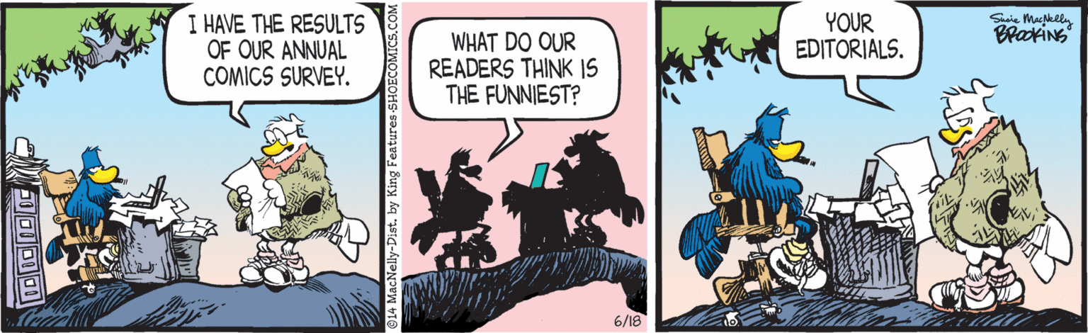 Comics OCR: I HAVE THE RESULTS OF OUR ANNUAL COMICS SURVEY. YOUR EDITORIALS. Saie Macklly BrakiNS WHAT DO OUR READERS THINK IS THE FUNNIEST? “? 6/18 ©14 MacNelly-Dist. by King Features SHOECOMICS.COM I HAVE THE RESULTS OF OUR ANNUAL COMICS SURVEY. YOUR EDITORIALS. Saie Macklly BrakiNS WHAT DO OUR READERS THINK IS THE FUNNIEST? “ ? 6/18 ©14 MacNelly-Dist. by King Features SHOECOMICS.COM