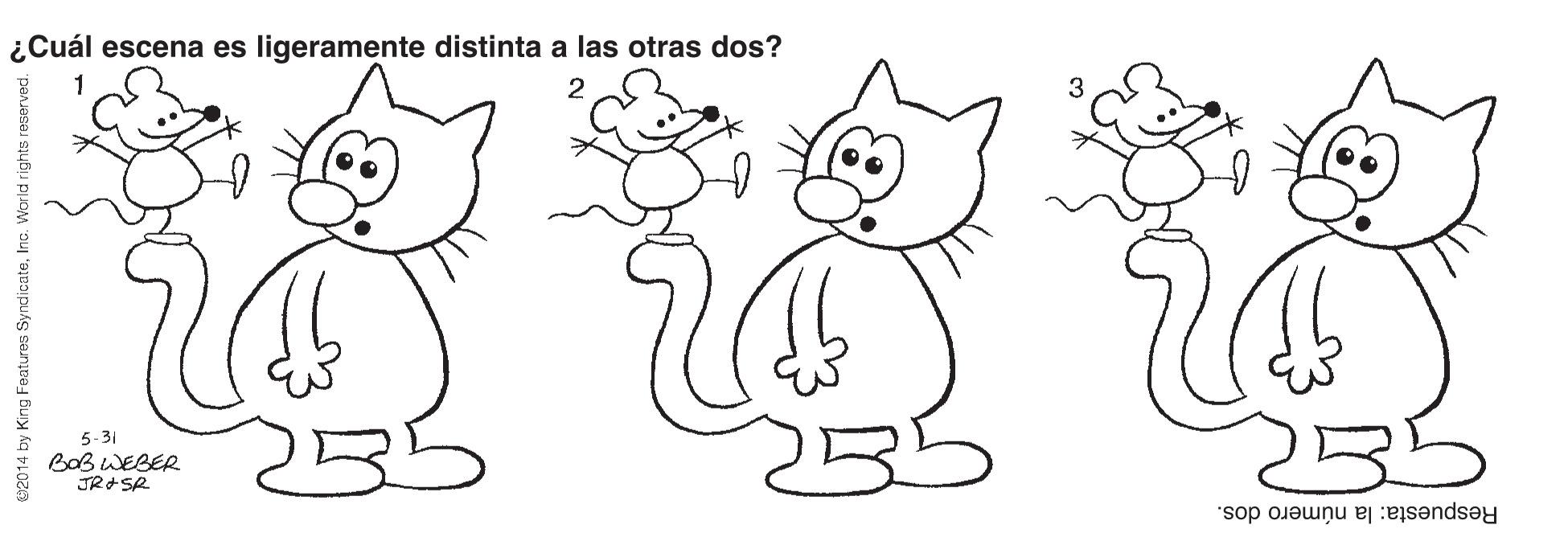 Product OCR: ¿Cuál escena es ligeramente distinta a las otras dos? 1 2 255 5-31 BaB WEBER Respuesta: la número dos. 92014 by King Features SyndicateI World rights reserved. ¿Cuál escena es ligeramente distinta a las otras dos? 1 2 255 5-31 BaB WEBER Respuesta: la número dos. 92014 by King Features SyndicateI World rights reserved.