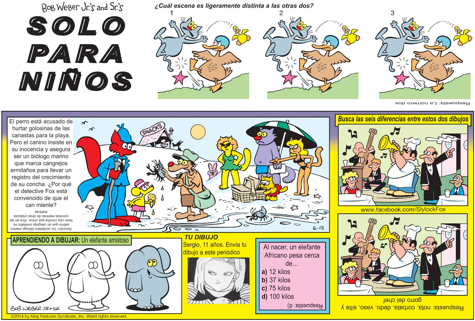 Fictional character OCR: BOB WeBer Jr's and Sr.'s ¿Cuál escena es ligeramente distinta a las otras dos? 2 SOLO PARA NINOS Respuesta: La número dos Busca las seis diferencias entre estos dos dibujos El perro está acusado de hurtar golosinas de las canastas para la playa. Pero el canino insiste en su inocencia y asegura ser un biólogo marino que marca cangrejos ermitaños para llevar un registro del crecimiento de su concha. ¿Por qué el detective Fox está convencido de que el SNACKS ? can miente? www.facebook.com/SlylockFox marinas conchas marinas de otras criaturas o anIA BOap anb eupuco mun auog ou oyeguua obubuo un anb euqus ouueu abojpig ouopepon un ugenjos 6-15 TU DIBUJO Sergio11 años. Envia tu dibujo a este periódico APRENDIENDO A DIBUJAR: Un elefante amistoso Al nacerun elefante Africano pesa cerca de... a) 12 kilos b) 37 kilos c) 75 kilos d) 100 kilos Respuesta: d) gorro del chef Respuesta: notasilla y 02014 by King Features SyndicateInc. Worid rights reserved. BOB WeBer Jr's and Sr.'s ¿Cuál escena es ligeramente distinta a las otras dos? 2 SOLO PARA NINOS Respuesta: La número dos Busca las seis diferencias entre estos dos dibujos El perro está acusado de hurtar golosinas de las canastas para la playa. Pero el canino insiste en su inocencia y asegura ser un biólogo marino que marca cangrejos ermitaños para llevar un registro del crecimiento de su concha. ¿Por qué el detective Fox está convencido de que el SNACKS ? can miente? www.facebook.com/SlylockFox marinas conchas marinas de otras criaturas o anIA BOap anb eupuco mun auog ou oyeguua obubuo un anb euqus ouueu abojpig ouopepon un ugenjos 6-15 TU DIBUJO Sergio11 años. Envia tu dibujo a este periódico APRENDIENDO A DIBUJAR: Un elefante amistoso Al nacerun elefante Africano pesa cerca de... a) 12 kilos b) 37 kilos c) 75 kilos d) 100 kilos Respuesta: d) gorro del chef Respuesta: notasilla y 02014 by King Features SyndicateInc. Worid rights reserved.