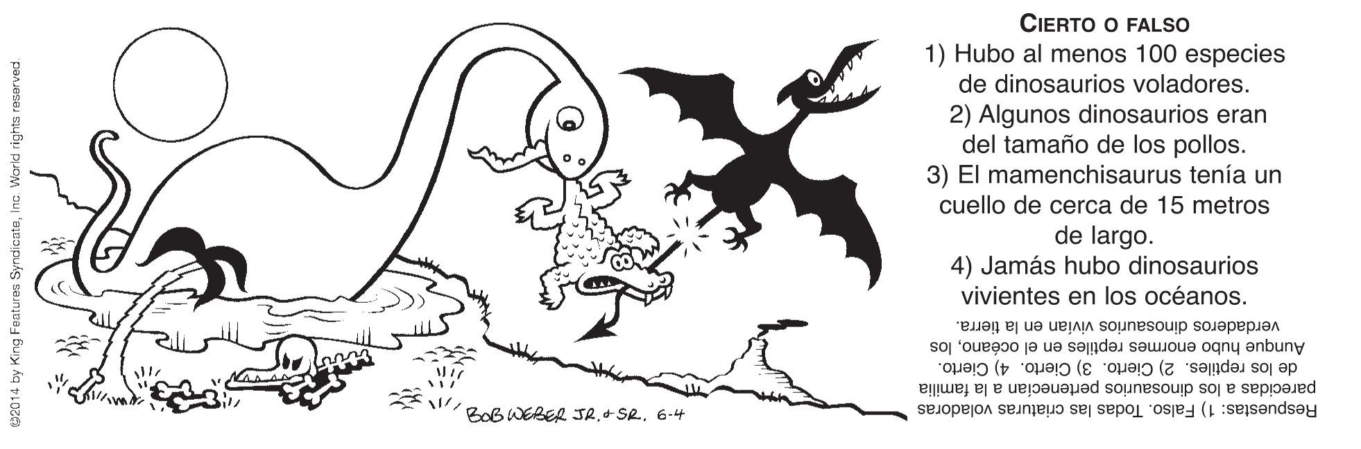 Happy OCR: CIERTO O FALSO 1) Hubo al menos 100 especies de dinosaurios voladores. 2) Algunos dinosaurios eran del tamaño de los pollos. 3) El mamenchisaurus tenía un cuello de cerca de 15 metros de largo. 4) Jamás hubo dinosaurios vivientes en los océanos. verdaderos dinosaurios vivían en la tierra. Aunque hubo enormes reptiles en el océanolos de los reptiles. 2) Cierto. 3) Cierto. 4) Cierto. parecidas a los dinosaurios pertenecían a la familia Respuestas: 1) Falso. Todas las criaturas voladoras BoB WEBER JR.+ SR. 6-4 02014 by King Features SyndicateInc. World rights resarved. CIERTO O FALSO 1) Hubo al menos 100 especies de dinosaurios voladores. 2) Algunos dinosaurios eran del tamaño de los pollos. 3) El mamenchisaurus tenía un cuello de cerca de 15 metros de largo. 4) Jamás hubo dinosaurios vivientes en los océanos. verdaderos dinosaurios vivían en la tierra. Aunque hubo enormes reptiles en el océanolos de los reptiles. 2) Cierto. 3) Cierto. 4) Cierto. parecidas a los dinosaurios pertenecían a la familia Respuestas: 1) Falso. Todas las criaturas voladoras BoB WEBER JR.+ SR. 6-4 02014 by King Features SyndicateInc. World rights resarved.