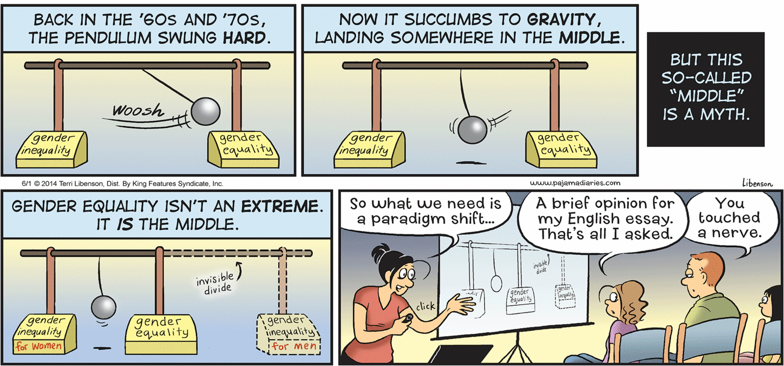 Parallel OCR: BACK IN THE '6OS AND '70sTHE PENDULUM SWUNG HARD. NOW IT SUCCUMBS TO GRAVITYLANDING SOMEWHERE IN THE MIDDLE. BUT THIS SO-CALLED "MIDDLE" IS A MYTH. Woosh gender linequality gender cquality gender linequality gender cquality 6/1 © 2014 Terri LibensonInc www.pajamadiaries.com Libenson GENDER EQUALITY ISN'T AN EXTREME. IT IS THE MIDDLE. So what we need is a paradigm shift.. A brief opinion for my English essay. That's all I asked. You touched a nerve. invisible divide qender žqual ty click gender finequality for Women gender équality gender tinequality ---- ifor meni BACK IN THE '6OS AND '70sTHE PENDULUM SWUNG HARD. NOW IT SUCCUMBS TO GRAVITYLANDING SOMEWHERE IN THE MIDDLE. BUT THIS SO-CALLED "MIDDLE" IS A MYTH. Woosh gender linequality gender cquality gender linequality gender cquality 6/1 © 2014 Terri LibensonDist. By King Features SyndicateInc www.pajamadiaries.com Libenson GENDER EQUALITY ISN'T AN EXTREME. IT IS THE MIDDLE. So what we need is a paradigm shift.. A brief opinion for my English essay. That's all I asked. You touched a nerve. invisible divide qender žqual ty click gender finequality for Women gender équality gender tinequality ---- ifor meni