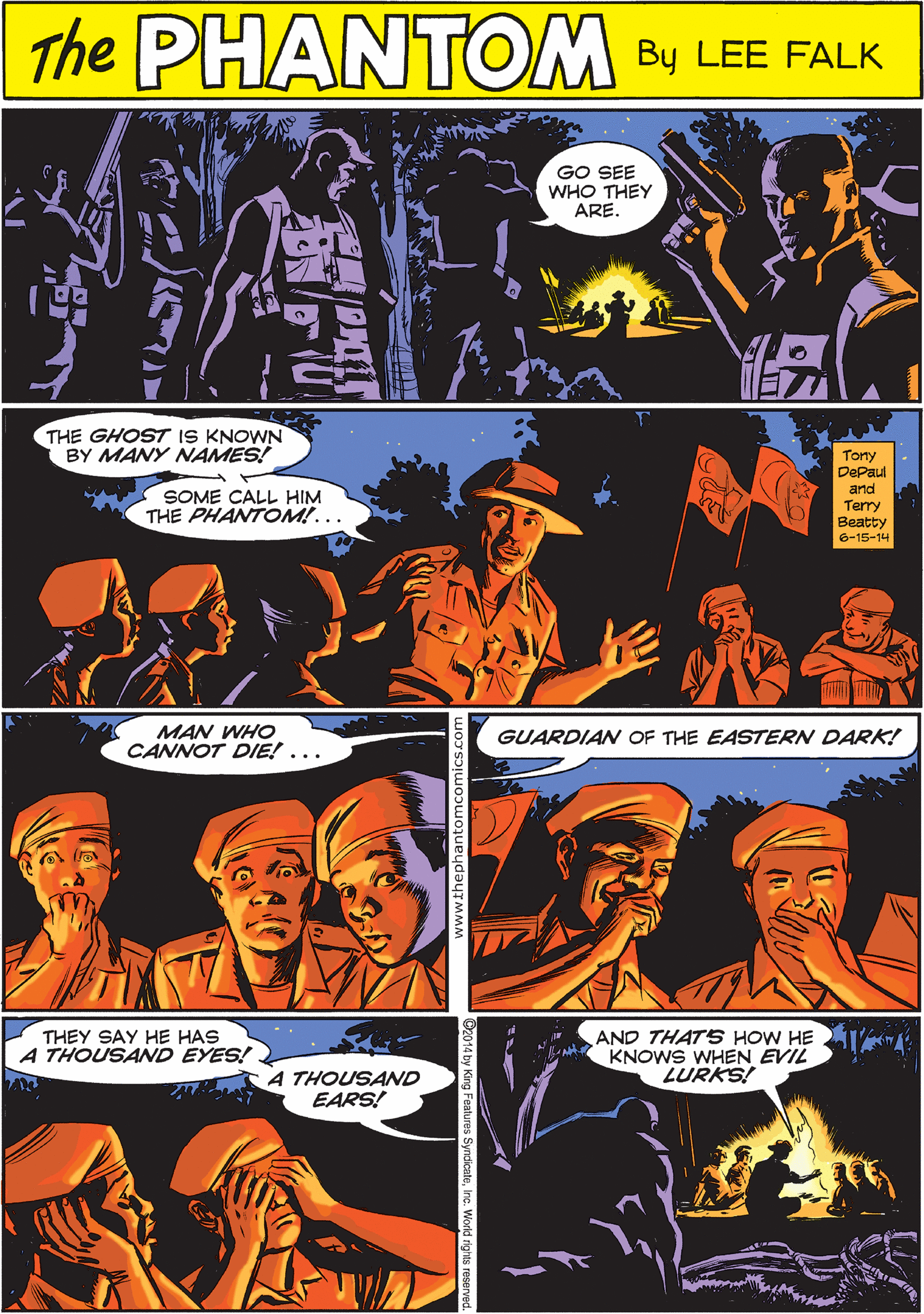 Illustration OCR: THE PdANTOME GO SEE WHO THEY ARE. CREATED BY LEE FALK THE GHOST IS KNOWN BY MANY NAMES! MAN WHO CANNOT DIE! ... Tony DePaul and SOME CALL HIM THE PHANTOM!... Terry Beatty 6-15-14 THEY SAY HE HAS A THOUSAND EYES! AND THATS HOW HE IA: KNOWS WHEN EVIL LURKS! GUARDIAN OF THE EASTERN DARK! A THOUSAND EARS! THE PdANTOME GO SEE WHO THEY ARE. CREATED BY LEE FALK THE GHOST IS KNOWN BY MANY NAMES! MAN WHO CANNOT DIE! ... Tony DePaul and SOME CALL HIM THE PHANTOM!... Terry Beatty 6-15-14 THEY SAY HE HAS A THOUSAND EYES! AND THATS HOW HE IA: KNOWS WHEN EVIL LURKS! GUARDIAN OF THE EASTERN DARK! A THOUSAND EARS!