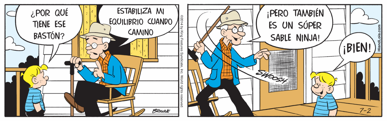 Illustration OCR: ¿POR QUÉ TIENE ESE BASTÓN? ESTABILIZA MI EQUILIBRIO CUANDO CAMINO ¡PERO TAMBIÉN ES UN SÚPER SABLE NINJA! (¡BIEN! SWOOSH 7-2 ¿POR QUÉ TIENE ESE BASTÓN? ESTABILIZA MI EQUILIBRIO CUANDO CAMINO ¡PERO TAMBIÉN ES UN SÚPER SABLE NINJA! (¡BIEN! SWOOSH 7-2