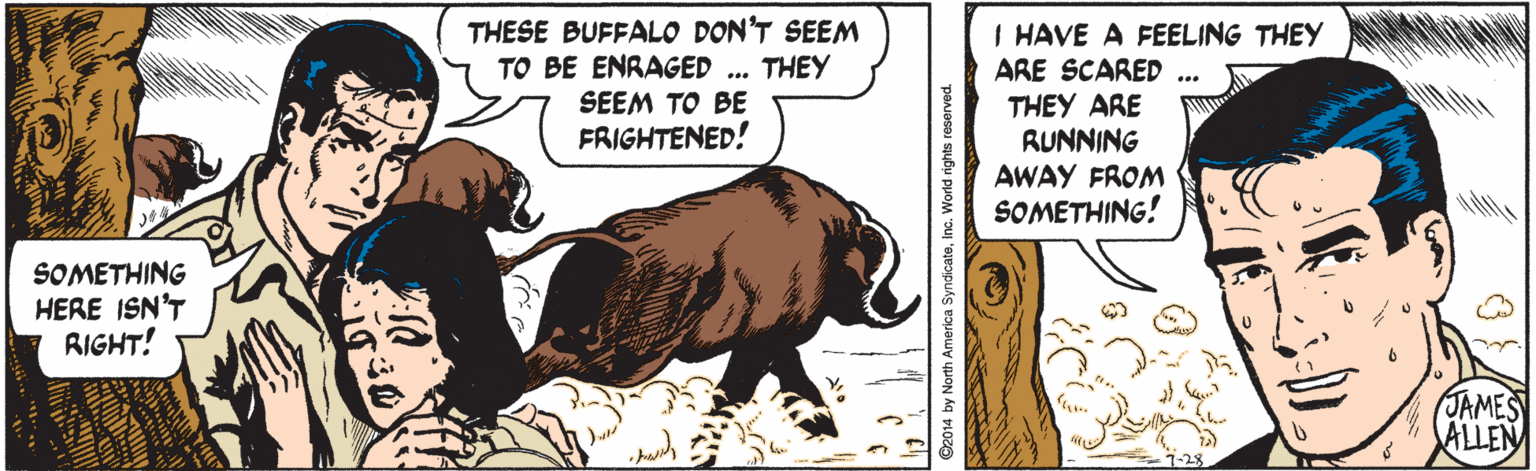 Sharing OCR: THESE BUFFALO DON'T SEEM TO BE ENRAGED ... THEY I HAVE A FEELING THEY ARE SCARED THEY ARE RUNNING AWAY FROM SOMETHING! SEEM TO BE FRIGHTENED! SOMETHING HERE ISN'T RIGHT! JAMES ALLEN by North America SyndicateInc. World rights reserved. THESE BUFFALO DON'T SEEM TO BE ENRAGED ... THEY I HAVE A FEELING THEY ARE SCARED THEY ARE RUNNING AWAY FROM SOMETHING! SEEM TO BE FRIGHTENED! SOMETHING HERE ISN'T RIGHT! JAMES ALLEN by North America SyndicateInc. World rights reserved.