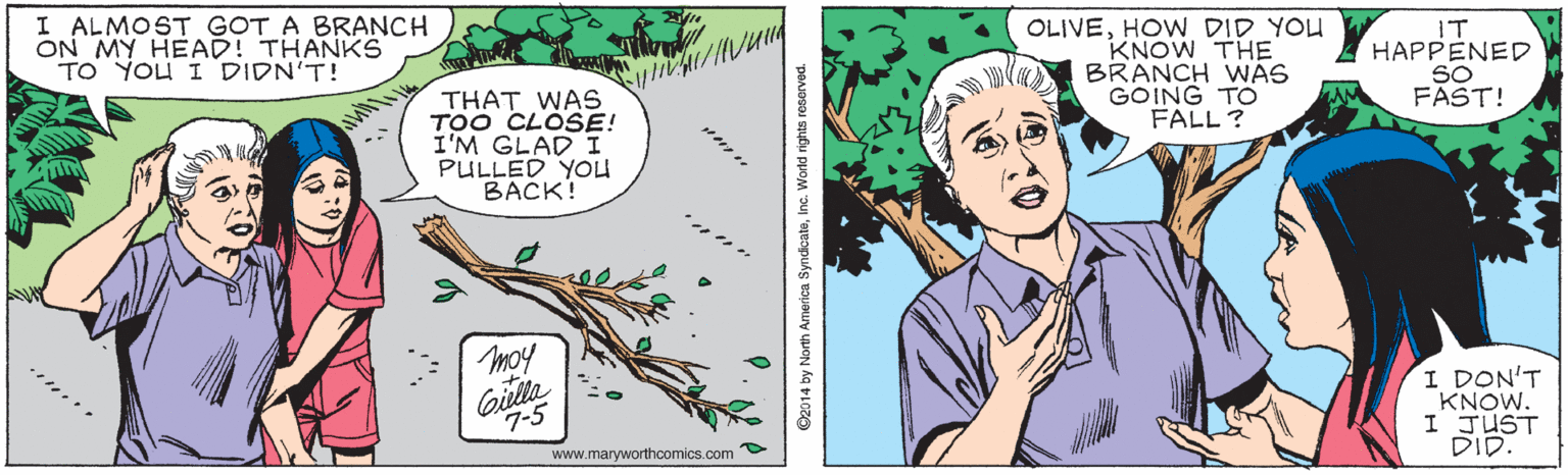 Drawing OCR: I ALMOST GOT A BRANCH ON MY HEAD! THANKS TO YOU I DIDN'T! OLIVEHOW DID YOU KNOW THE BRANCH WAS GOING TO FALL? IT HAPPENED SO FAST! THAT WAS TOO CLOSE! I'M GLAD I PULLED YOU BACK! moy Giulla 7-5 I DON'T KNOW. I JUST DID. www.maryworthcomics.com ©2014 by North America SyndicateInc. Wartd rights reserved. I ALMOST GOT A BRANCH ON MY HEAD! THANKS TO YOU I DIDN'T! OLIVEHOW DID YOU KNOW THE BRANCH WAS GOING TO FALL? IT HAPPENED SO FAST! THAT WAS TOO CLOSE! I'M GLAD I PULLED YOU BACK! moy Giulla 7-5 I DON'T KNOW. I JUST DID. www.maryworthcomics.com ©2014 by North America SyndicateInc. Wartd rights reserved.