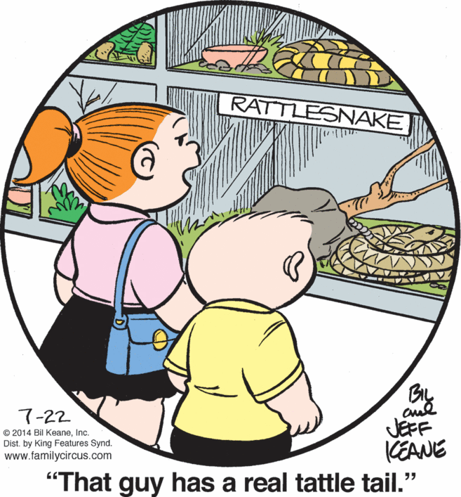 Organism OCR: RATTLESNAKE 7-22 JEFF KEANE "That has a real tattle tail." © 2014 Bil KeaneInc. Dist. by King Features Synd. www.familycircus.com guy RATTLESNAKE 7-22 JEFF KEANE "That has a real tattle tail." © 2014 Bil KeaneInc. Dist. by King Features Synd. www.familycircus.com guy