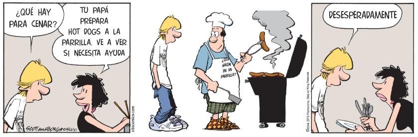 Drawing OCR: ¿QUÉ HAY PARA CENAR? TU PAPÁ PREPARA DESESPERADAMENTE HOT DOGS À LA PARRILLA. VE A VER SI NECESITA AYUDA ann? HACEN EN A PARRILA ¿QUÉ HAY PARA CENAR? TU PAPÁ PREPARA DESESPERADAMENTE HOT DOGS À LA PARRILLA. VE A VER SI NECESITA AYUDA ann? HACEN EN A PARRILA