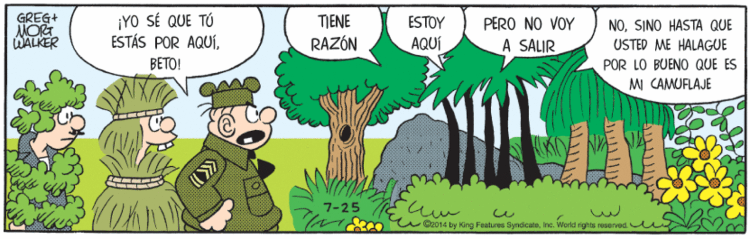 Grass OCR: GREG+ MORT WALKER ¡YO SÉ QUE TÚ ESTÁS POR AQUÍTIENE ESTOY PERO NO VOY NOSINO HASTA QUE RAZÓN AQUÍ A SALIR USTED ME HALAGUE BETO! POR LO BUENO QUE ES MI CAMUFLAJE 7-25 O2014 by King Features SyndicateInc. World rights reserved. GREG+ MORT WALKER ¡YO SÉ QUE TÚ ESTÁS POR AQUÍTIENE ESTOY PERO NO VOY NOSINO HASTA QUE RAZÓN AQUÍ A SALIR USTED ME HALAGUE BETO! POR LO BUENO QUE ES MI CAMUFLAJE 7-25 O2014 by King Features SyndicateInc. World rights reserved.