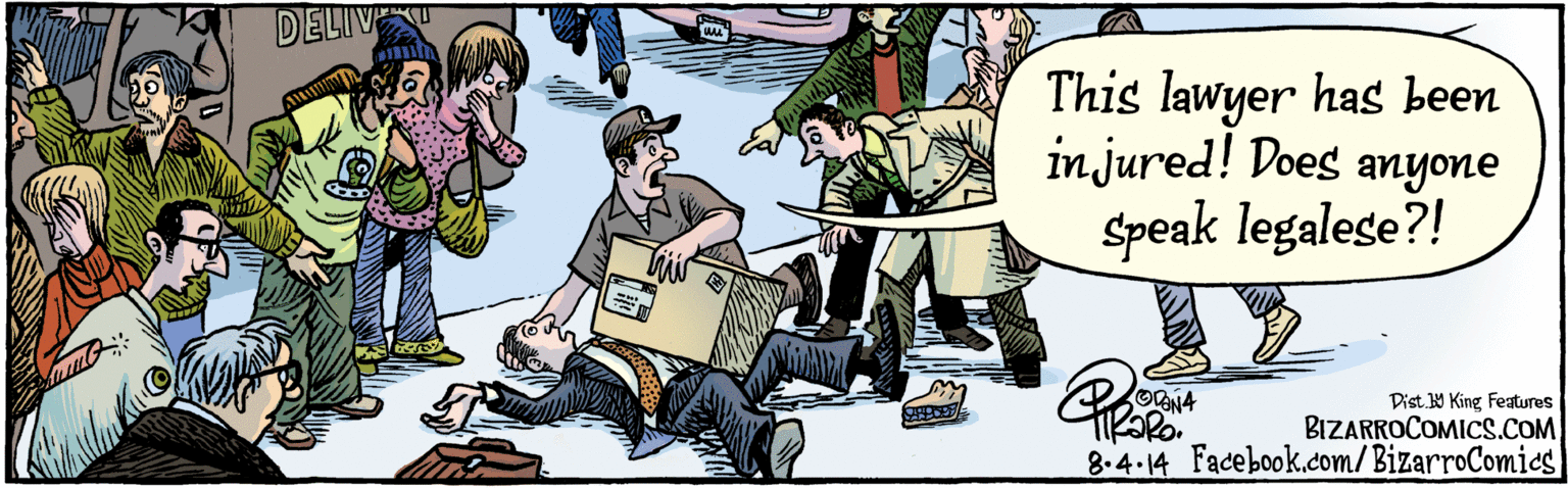 Publication OCR: BIZARROCOMICS.COM Facebook.com/BizarroComies Dist Y King Fatwes This lawyer has been in jured! Does anyone speak legalese?! HEAVY SLIPPERY BOX DELIVERY 8.4 14 ?? (?? ??? ([ BIZARROCOMICS.COM Facebook.com/BizarroComies Dist Y King Fatwes This lawyer has been in jured! Does anyone speak legalese?! HEAVY SLIPPERY BOX DELIVERY 8.4 14 ?? (?? ??? ([
