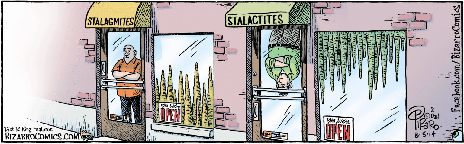 Drawing OCR: 8.5-14 STALAGMITES STALACTITES yesWere OPEN yesWern MPEN BIZARROCOMICS.COM Facebook.com/ BizarroComics Dist. Y King Featwes 8.5-14 STALAGMITES STALACTITES yesWere OPEN yesWern MPEN BIZARROCOMICS.COM Facebook.com/ BizarroComics Dist. Y King Featwes