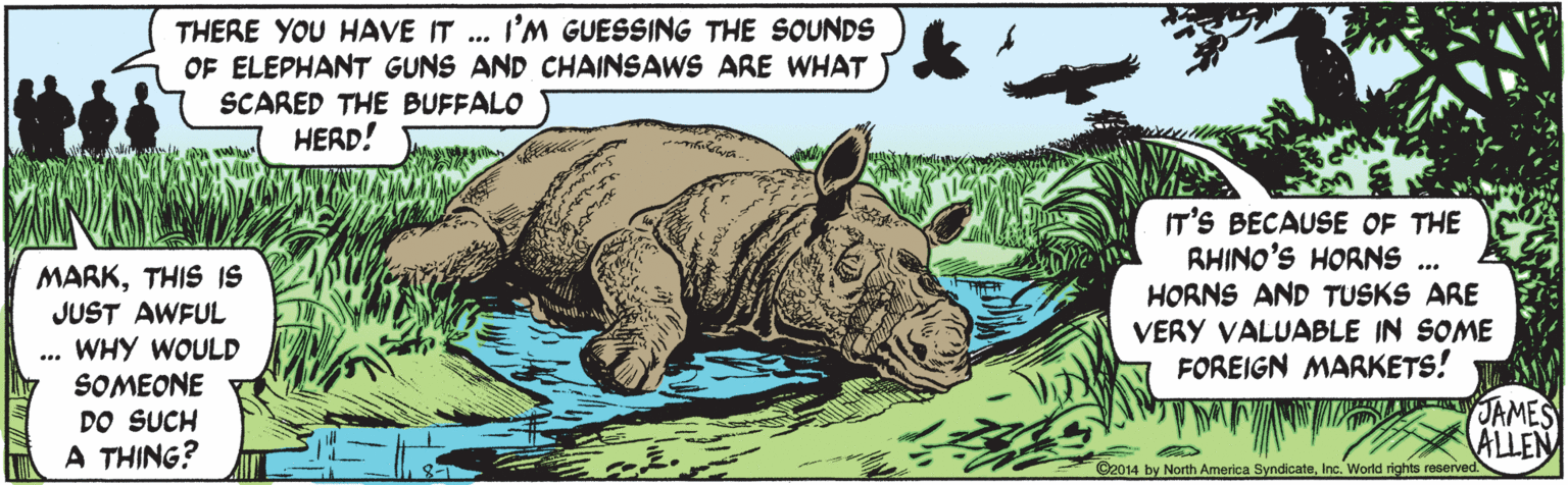 Wildlife OCR: THERE YOU HAVE IT ... I'M GUESSING THE SOUNDS OF ELEPHANT GUNS AND CHAINSAWS ARE WHAT SCARED THE BUFFALO HERD! MARKTHIS IS JUST AWFUL WHY WOULD SOMEONE DO SUCH A THING? IT'S BECAUSE OF THE RHINO'S HORNS HORNS AND TUSKS ARE VERY VALUABLE IN SOME FOREIGN MARKETS! ... JAMES ALLEN O2014 by North America SyndicateInc. World rights reserve THERE YOU HAVE IT ... I'M GUESSING THE SOUNDS OF ELEPHANT GUNS AND CHAINSAWS ARE WHAT SCARED THE BUFFALO HERD! MARKTHIS IS JUST AWFUL WHY WOULD SOMEONE DO SUCH A THING? IT'S BECAUSE OF THE RHINO'S HORNS HORNS AND TUSKS ARE VERY VALUABLE IN SOME FOREIGN MARKETS! ... JAMES ALLEN O2014 by North America SyndicateInc. World rights reserve