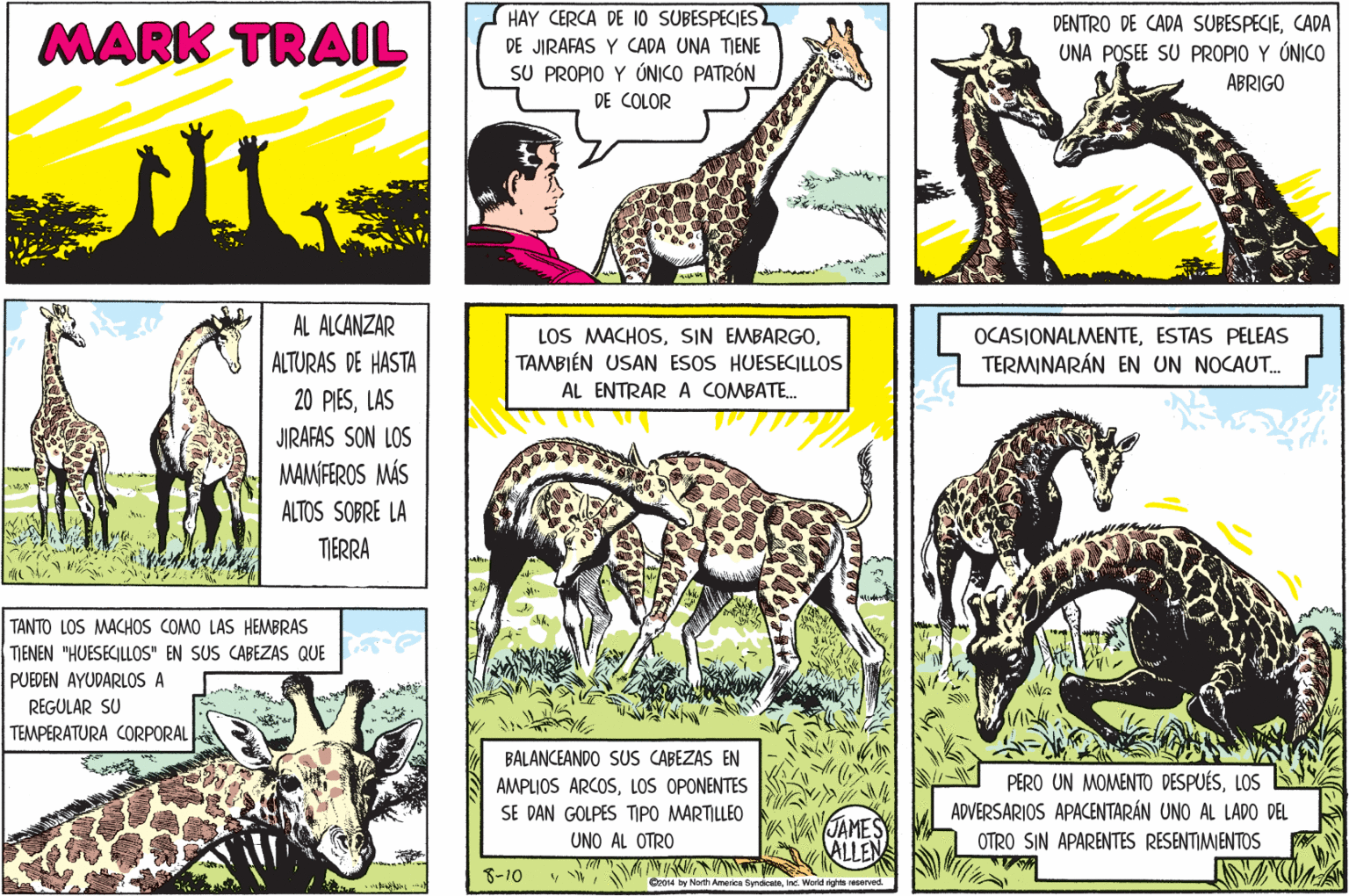 Art OCR: HAY CERCA DE 10 SUBESPECIES DENTRO DE CADA SUBESPECIECADA MARK TRAIL DE JIRAFAS Y CADA UNA TIENE UNA POSEE SU PROPIO Y ÚNICO ABRIGO SU PROPIO Y ÚNICO PATRÓN DE COLOR AL ALCANZAR LOS MACHOSTAMBIÉN USAN ESOS HUESECILLOS OCASIONALMENTEESTAS PELEAS TERMINARÁN EN UN NOCAUT. ALTURAS DE HASTA AL ENTRAR A COMBATE. 20 PIESLAS JIRAFAS SON LOS MAMÍFEROS MÁS ALTOS SOBRE LA TIERRA TANTO LOS MACHOS COMO LAS HEMBRAS TIENEN "HUESECJLLOS" EN SUS CABEZAS QUE PUEDEN AYUDARLOS A REGULAR SU TEMPERATURA CORPORAL BALANCEANDO SUS CABEZAS EN AMPLIOS ARCOSLOS OPONENTES SE DAN GOLPES TIPO MARTILLEO PERO UN MOMENTO DESPUÉSLOS ADVERSARIOS APACENTARÁN UNO AL LADO DEL JAMES ALLEN UNO AL OTRO OTRO SIN APARENTES RESENTIMIENTOS 8-10 Ceo14 by North Americe SyncteInt. Wald nghts esorved HAY CERCA DE 10 SUBESPECIES DENTRO DE CADA SUBESPECIECADA MARK TRAIL DE JIRAFAS Y CADA UNA TIENE UNA POSEE SU PROPIO Y ÚNICO ABRIGO SU PROPIO Y ÚNICO PATRÓN DE COLOR AL ALCANZAR LOS MACHOSSIN EMBARGOTAMBIÉN USAN ESOS HUESECILLOS OCASIONALMENTEESTAS PELEAS TERMINARÁN EN UN NOCAUT. ALTURAS DE HASTA AL ENTRAR A COMBATE. 20 PIESLAS JIRAFAS SON LOS MAMÍFEROS MÁS ALTOS SOBRE LA TIERRA TANTO LOS MACHOS COMO LAS HEMBRAS TIENEN "HUESECJLLOS" EN SUS CABEZAS QUE PUEDEN AYUDARLOS A REGULAR SU TEMPERATURA CORPORAL BALANCEANDO SUS CABEZAS EN AMPLIOS ARCOSLOS OPONENTES SE DAN GOLPES TIPO MARTILLEO PERO UN MOMENTO DESPUÉSLOS ADVERSARIOS APACENTARÁN UNO AL LADO DEL JAMES ALLEN UNO AL OTRO OTRO SIN APARENTES RESENTIMIENTOS 8-10 Ceo14 by North Americe SyncteInt. Wald nghts esorved