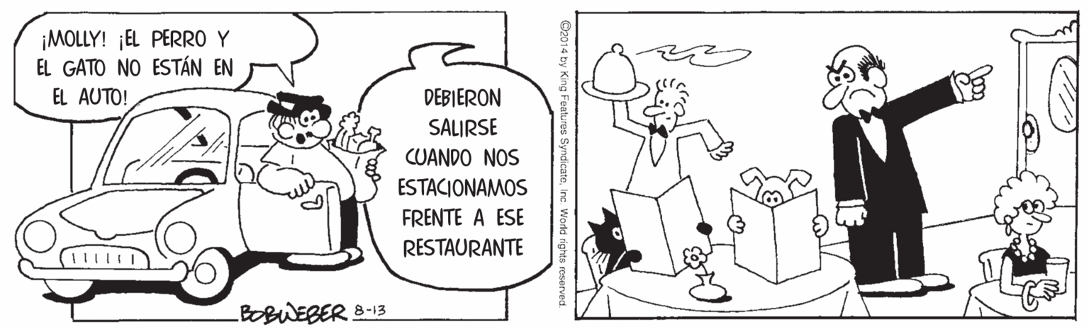 Mammal OCR: ¡MOLLY! ¡EL PERRO Y EL GATO NO ESTÁN EN EL AUTO! DEBIERON SALIRSE CUANDO NOS ESTACIONAMOS FRENTE A ESE RESTAURANTE BOBWEBER 3-13 ¡MOLLY! ¡EL PERRO Y EL GATO NO ESTÁN EN EL AUTO! DEBIERON SALIRSE CUANDO NOS ESTACIONAMOS FRENTE A ESE RESTAURANTE BOBWEBER 3-13